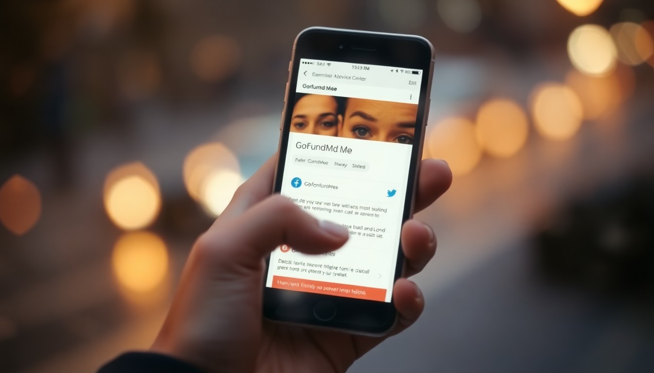 An abstract, out-of-focus photograph in warm tones showing a person's hand holding a smartphone with a blurred GoFundMe page visible on the screen, conceptually representing the emotional and social complexities of dealing with unexpected crowdfunding surplus.
