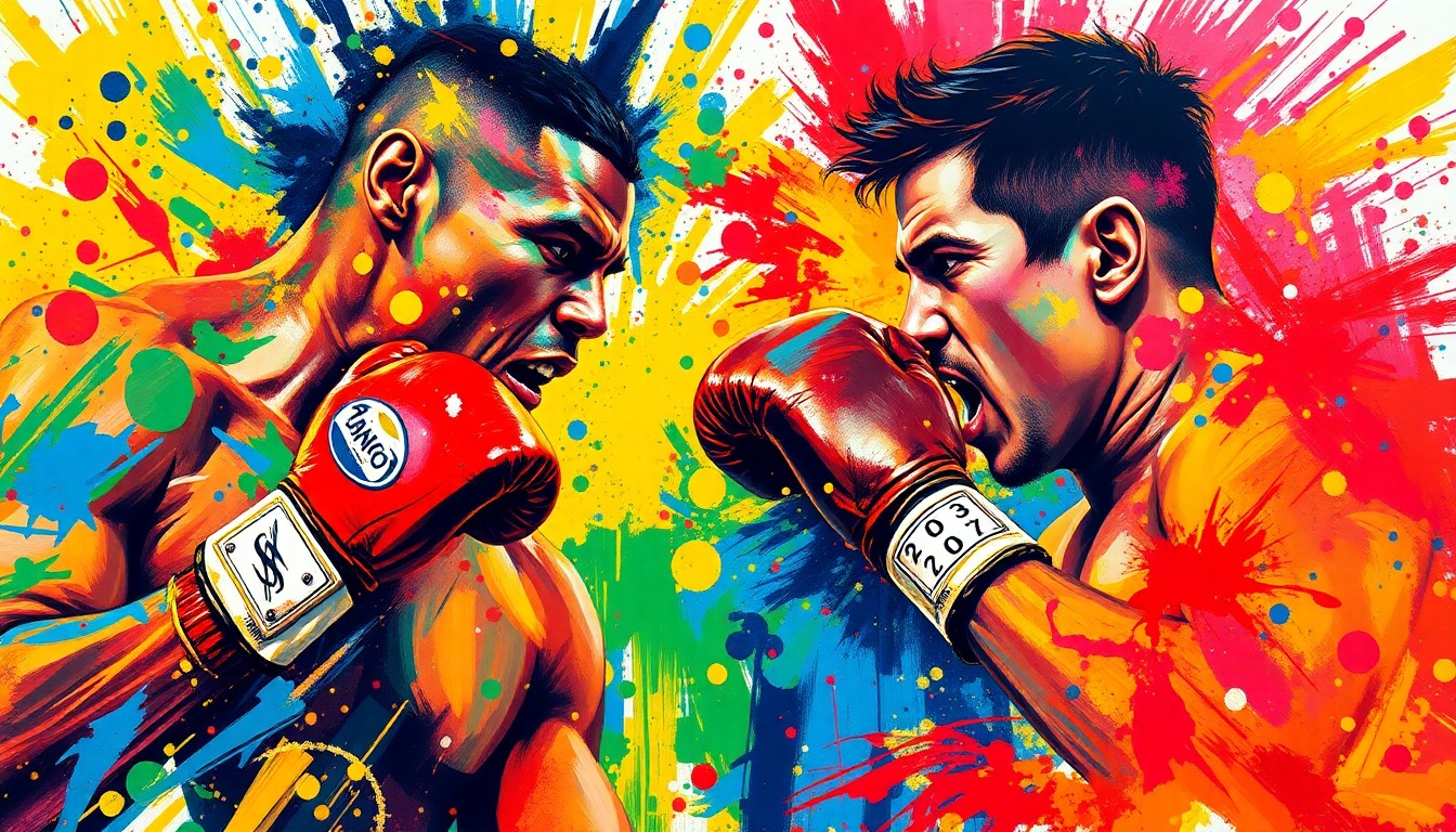 An abstract, expressionist painting in vibrant neon colors depicting the intense physical movements and energy of a boxing match, with the figures of the two fighters dissolving into unrecognizable brushstrokes.