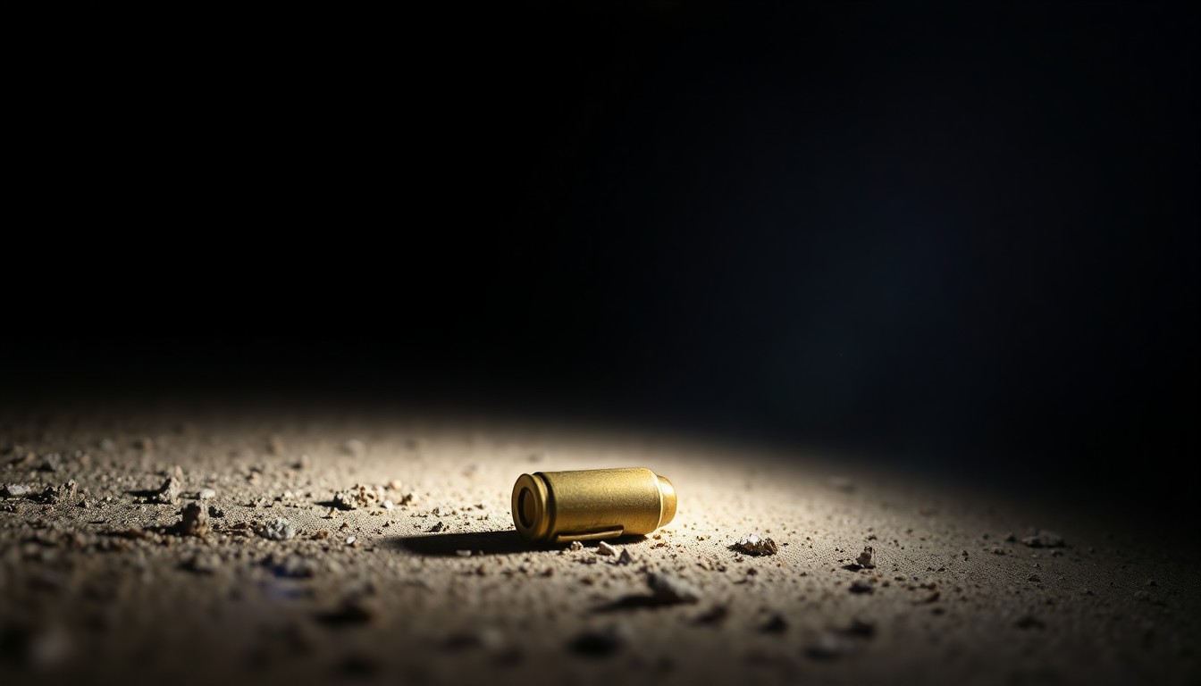 An extreme close-up photograph of a single spent shell casing on the ground, reflecting a harsh camera flash in the darkness, conceptually representing the physical evidence of a shooting incident.