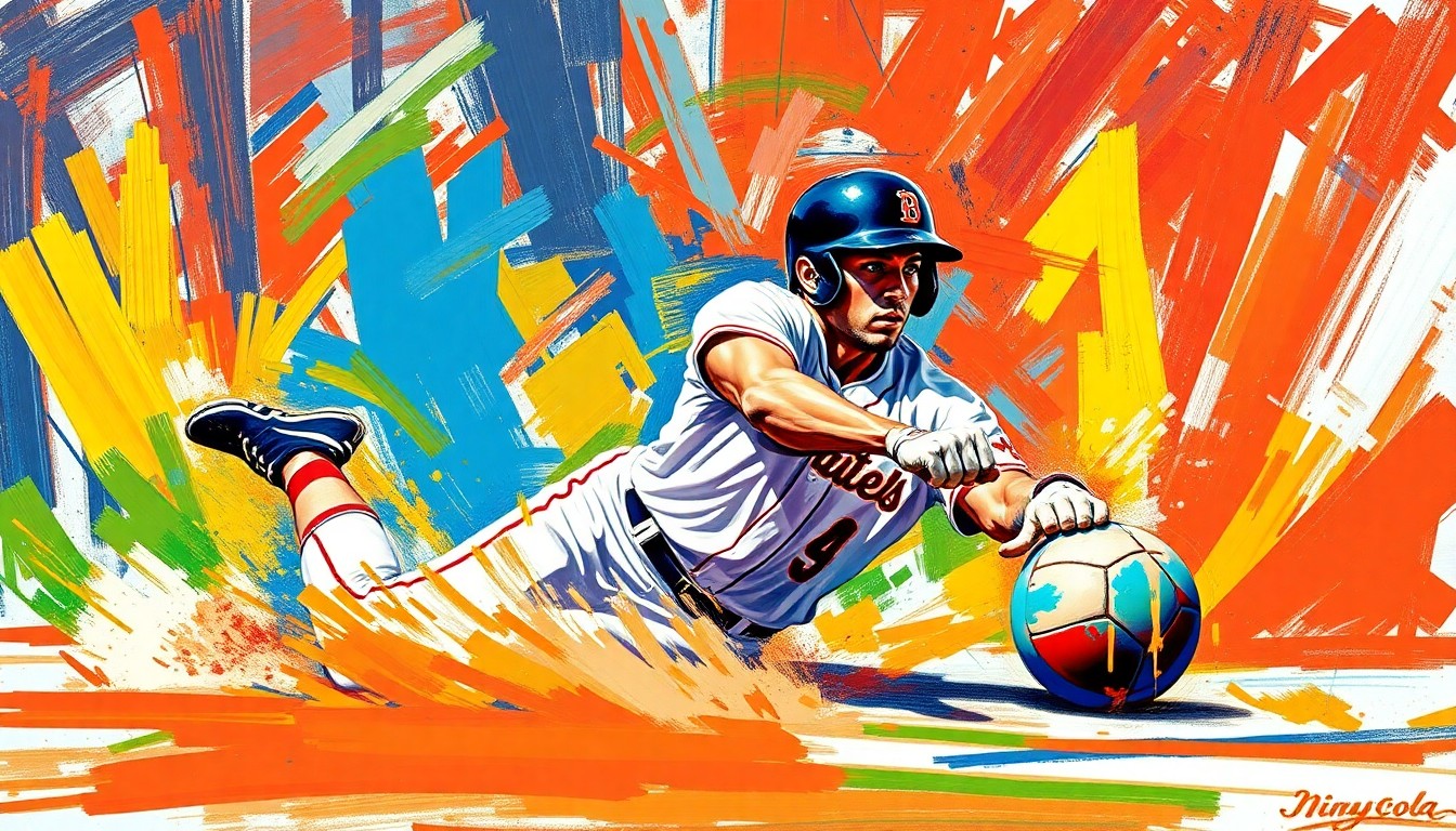 An abstract, energetic painting in a vibrant neon color palette, featuring bold brushstrokes that capture the raw intensity of a baseball player sliding into home plate, conceptually representing the Brewers' injury challenges.