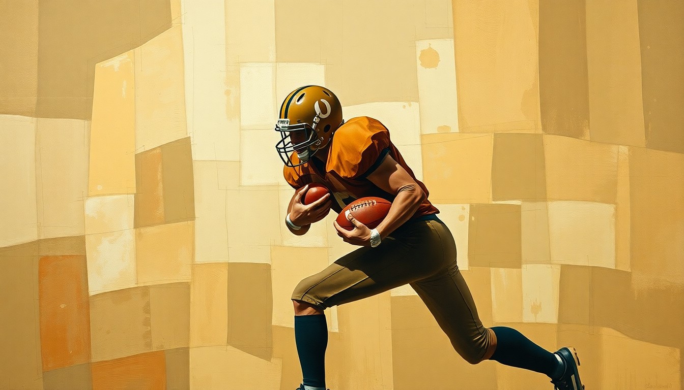 A fractured, cubist-style painting depicting a high school football player in the act of blocking or tackling, with sharp, overlapping geometric planes in muted earth tones, conceptually representing the complex issues surrounding early college commitments in sports.
