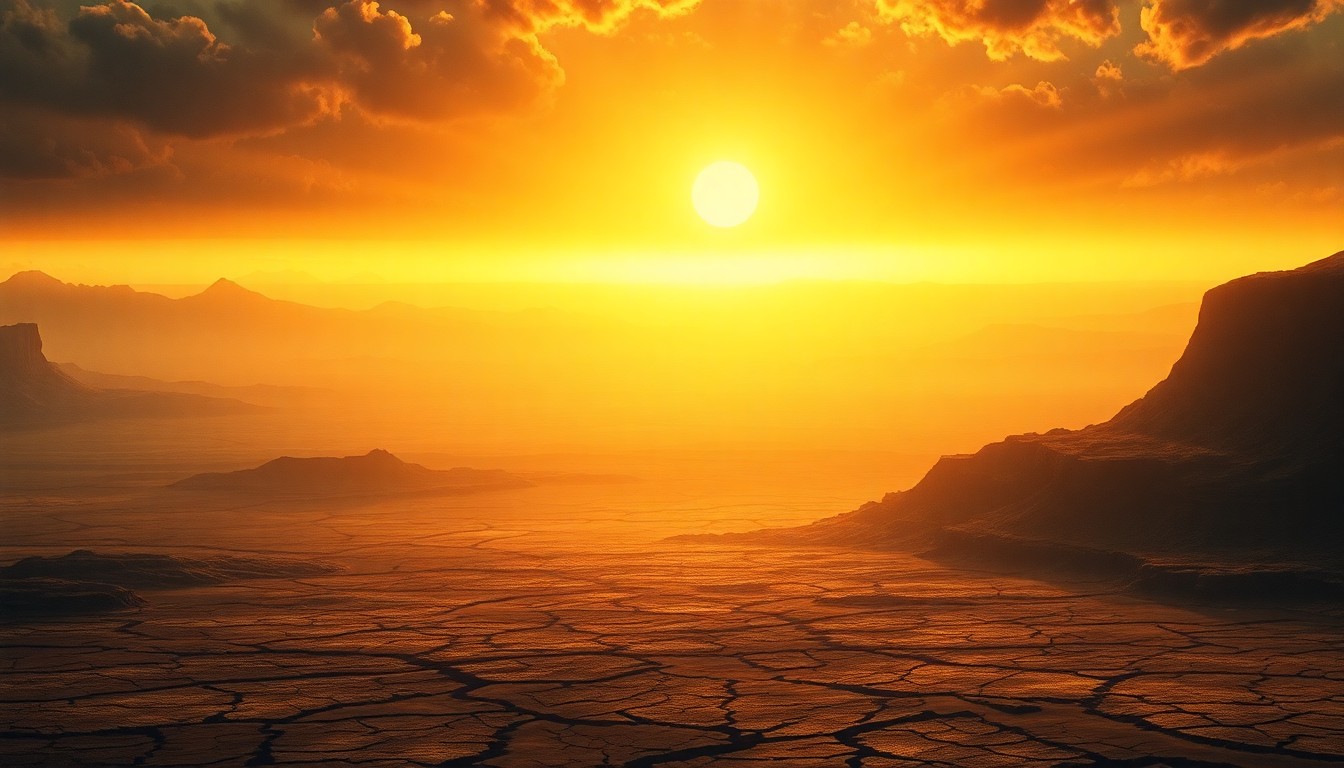 A vast, atmospheric landscape painting in muted earth tones, with a hazy, sun-drenched horizon line dominating the frame and a cracked, parched ground stretching out in the foreground, conveying the overwhelming scale and power of the natural environment.