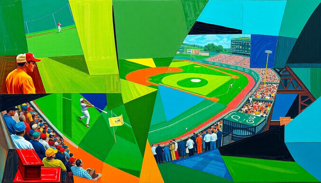 A cubist, geometric painting depicting fragmented scenes of a baseball game and the Masters golf tournament, with sharp planes of color and overlapping perspectives capturing the energy and excitement of both sports.