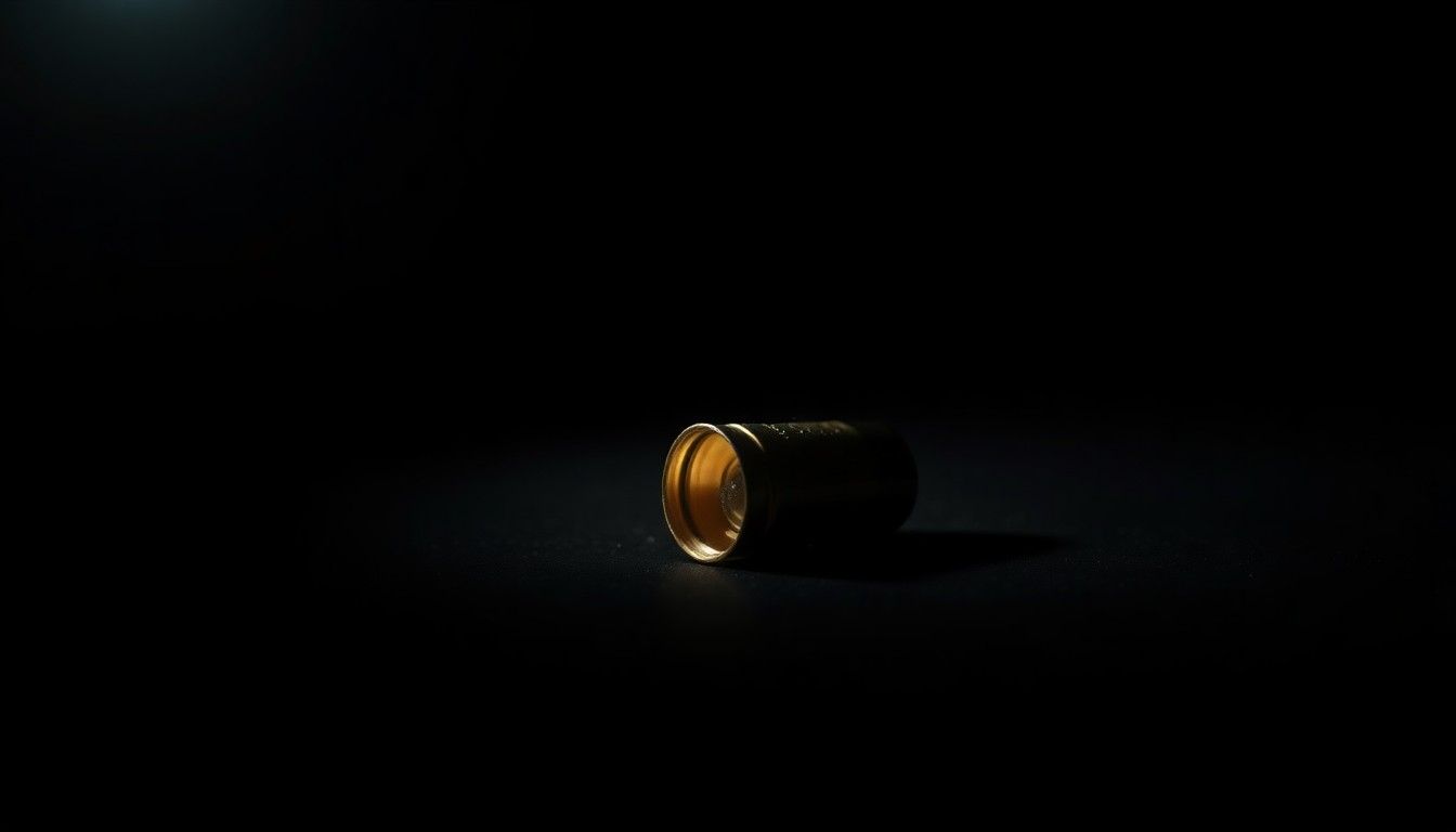 An extreme close-up photograph of a single spent shell casing from a crime scene, lit by a harsh, direct camera flash against a pitch-black background, capturing the stark, gritty, and investigative nature of the incident.