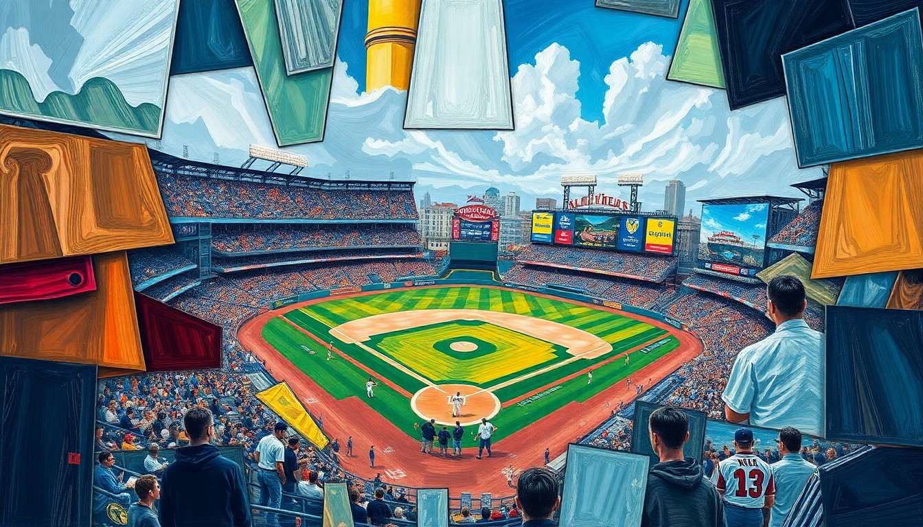 A cubist-style painting featuring overlapping geometric shapes and planes in shades of blue, red, and yellow, abstractly representing the action and energy of a baseball game between the Atlanta Braves and Cleveland Guardians.