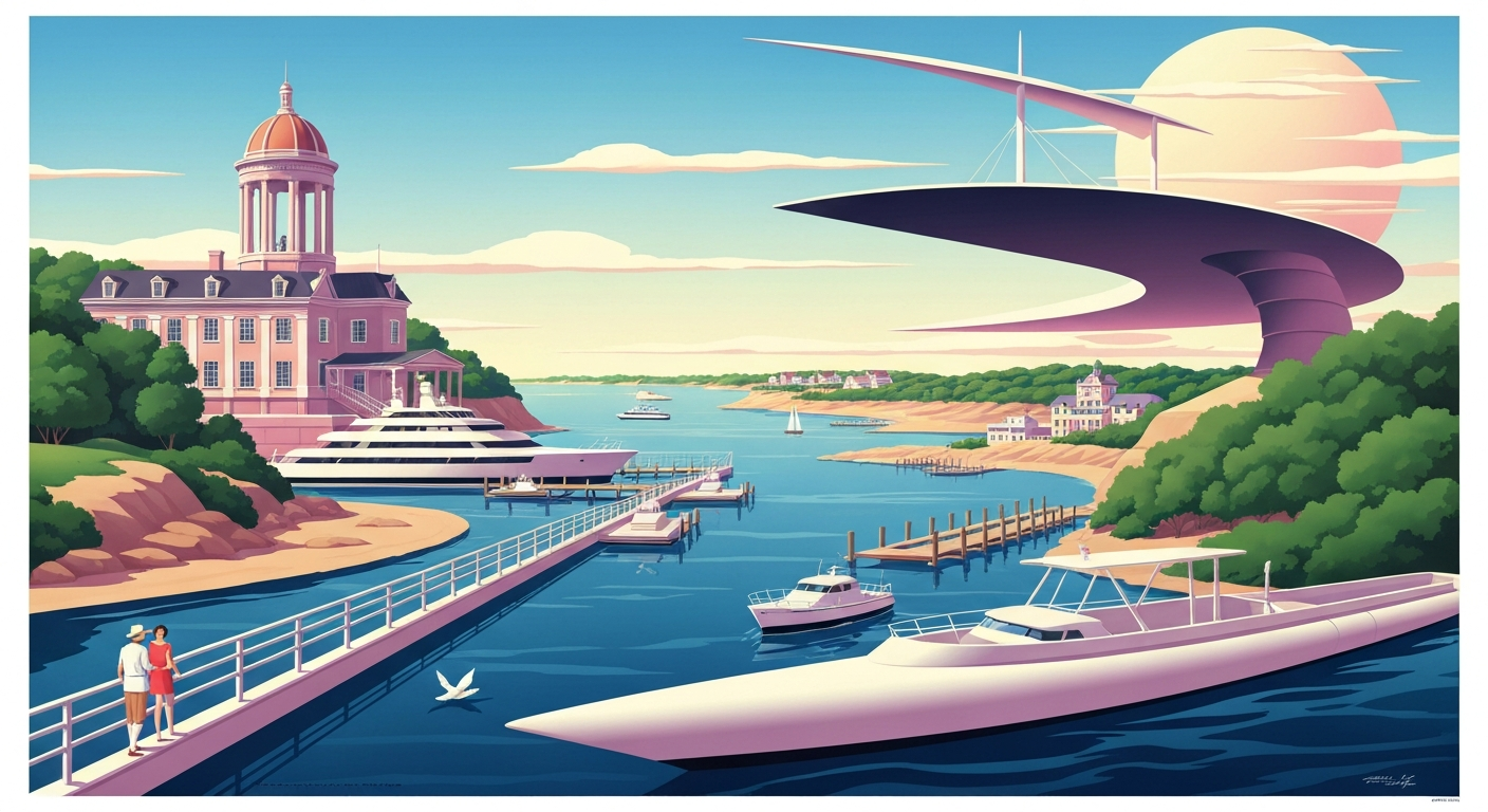 A bold, geometric illustration in shades of blue, green, and gold depicting the grand scale and sweeping vistas of the Chesapeake Bay region, capturing the region's balance of preservation, tourism, and economic resilience.
