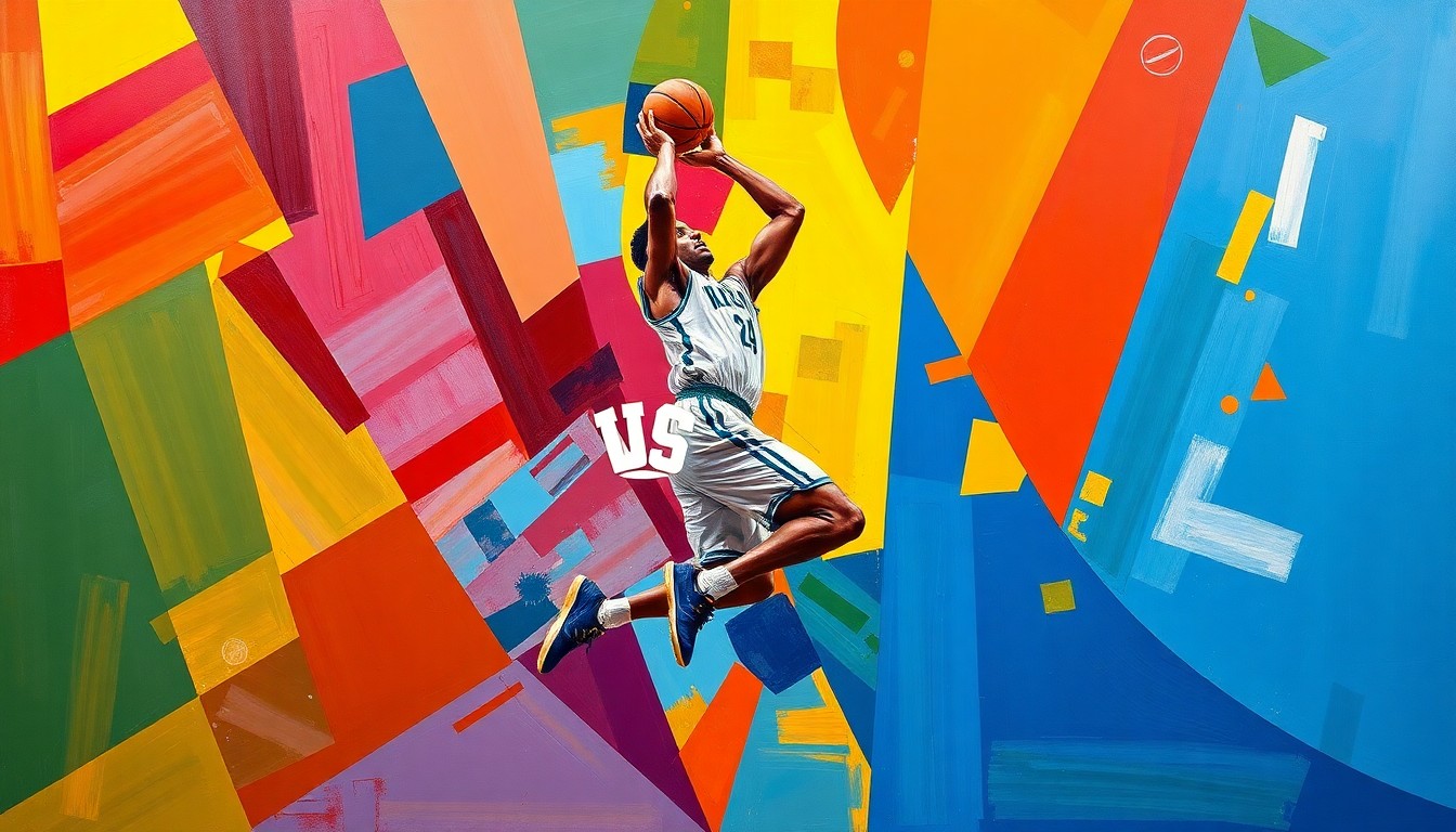 A dynamic, cubist-style painting depicting a college basketball player's movements broken down into overlapping geometric shapes and planes, using the team's official colors to create a sense of energy and motion.