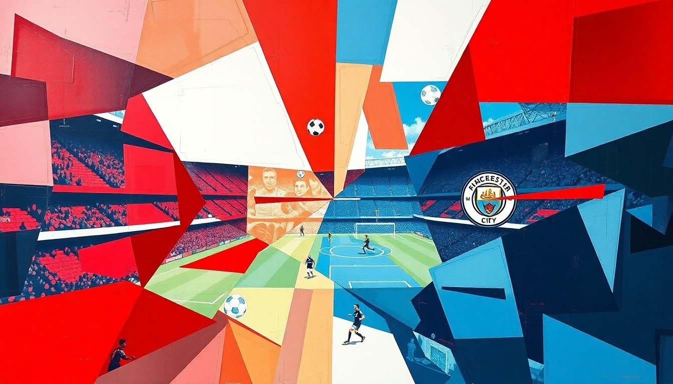 A cubist, geometric painting depicting an intense Premier League match between Arsenal and Manchester City, with the players and action broken down into sharp, overlapping planes of color.