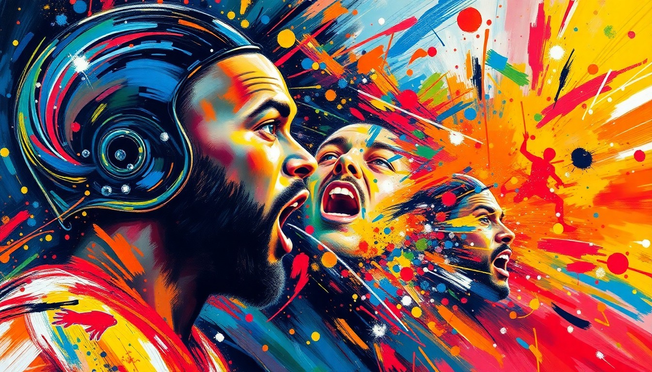 An abstract, energetic painting in neon colors, with dynamic brushstrokes capturing the movement and excitement of a sports event, but without any recognizable faces, logos, or text.