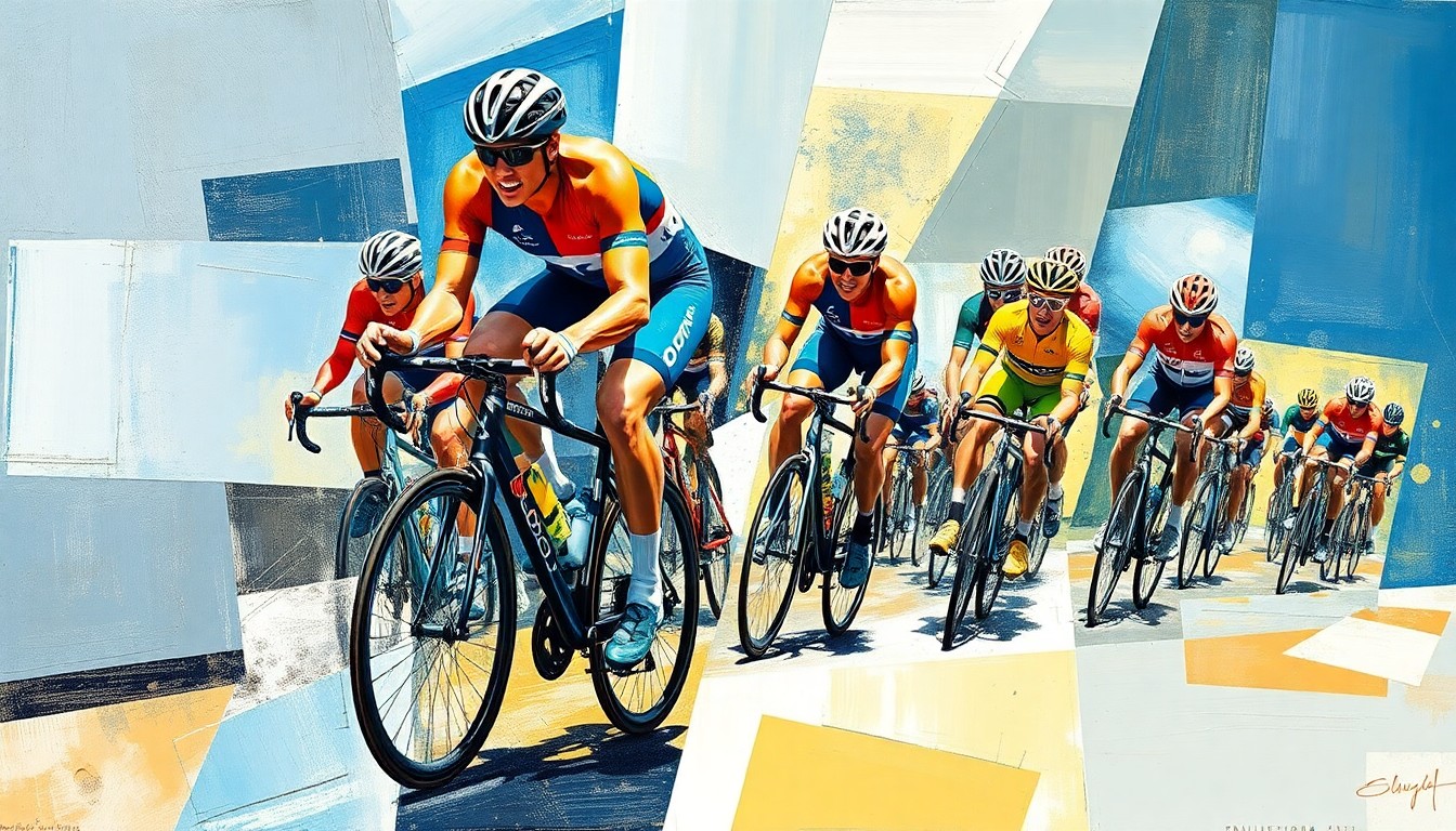 A cubist-style painting depicting a cyclist's race or competition broken down into sharp, overlapping geometric shapes and planes, conveying the fragmented and multifaceted nature of the sport.