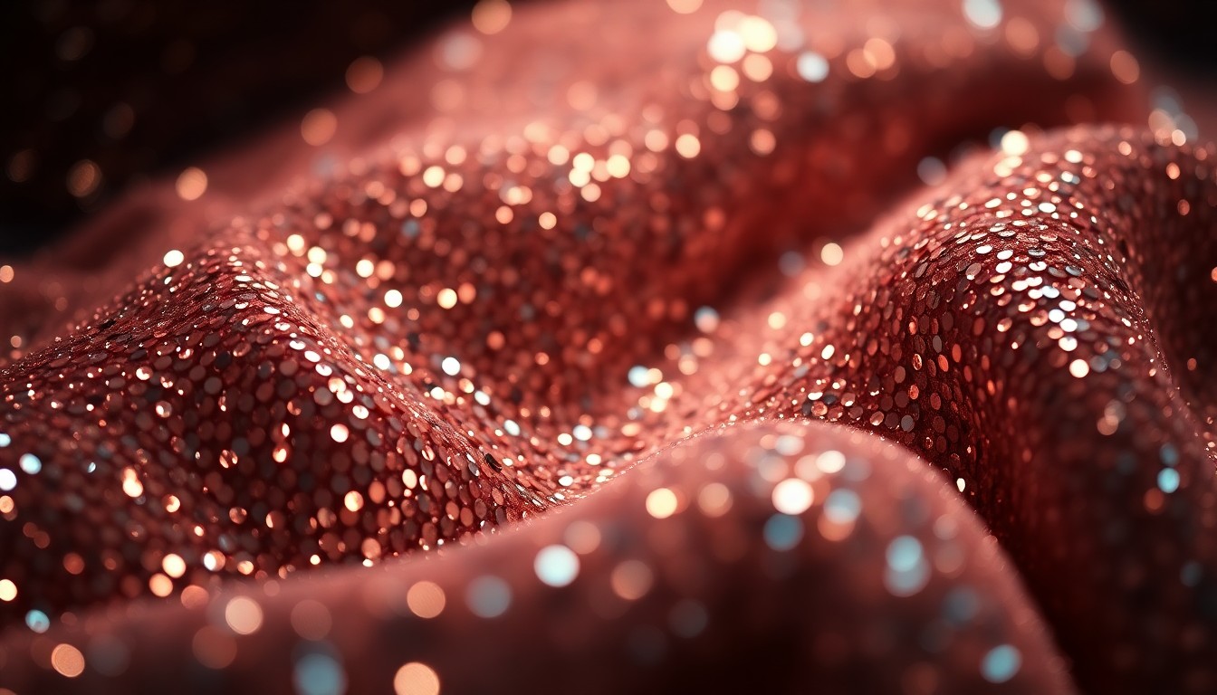 An extreme close-up of shimmering, reflective sequins and glittering glass fragments, capturing the high-fashion, high-contrast aesthetic of celebrity culture.