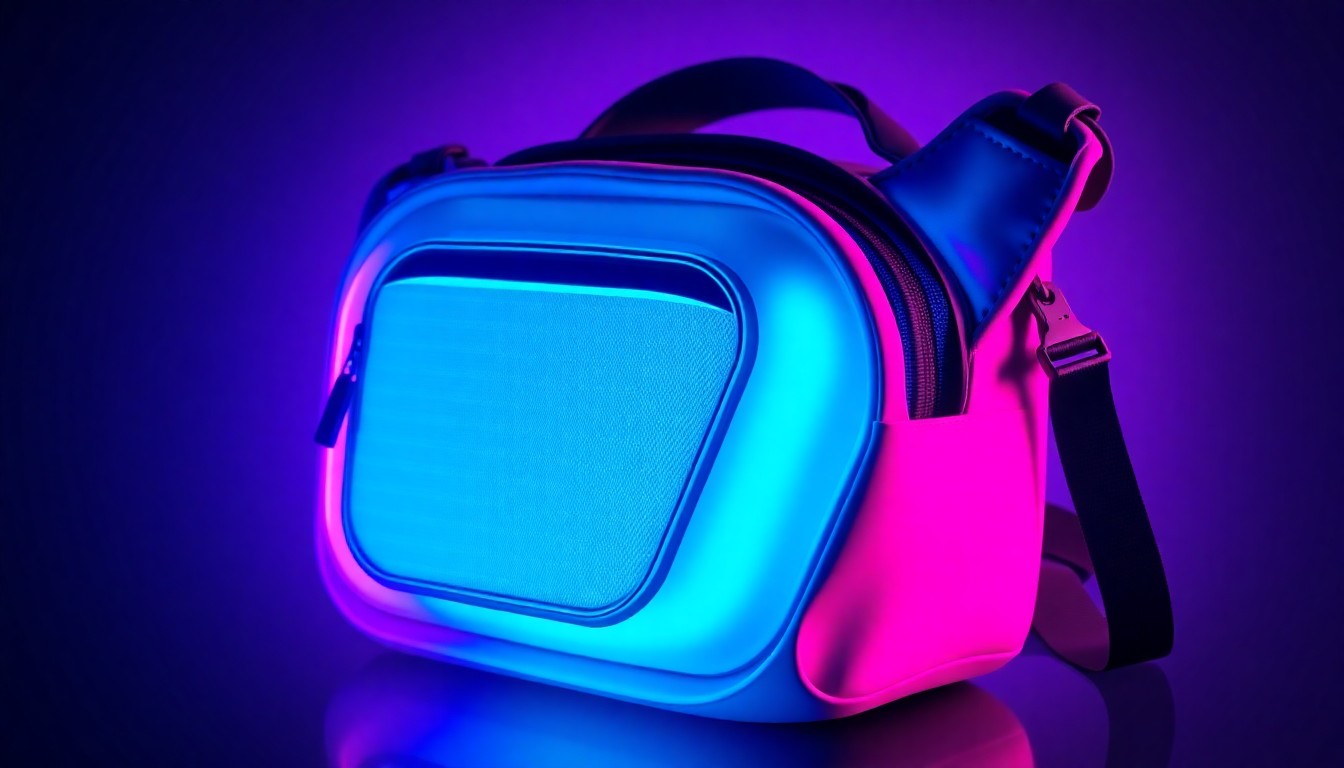 A close-up, highly detailed 3D illustration of a glowing, futuristic-looking camera bag with geometric patterns and vibrant neon lights, conveying a sense of advanced technology and versatility.