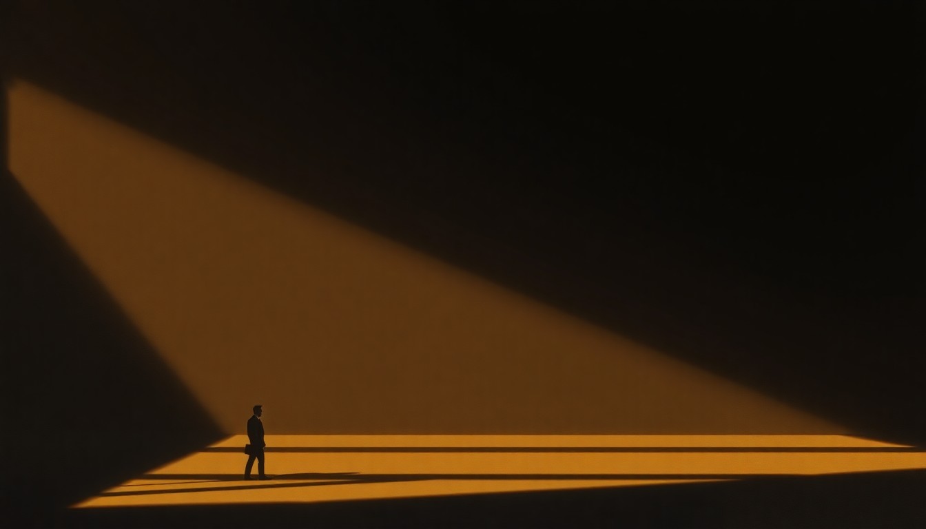 A serene, cinematic painting depicting a solitary government building or political figure in a warm, golden light, conveying a sense of contemplation and the weight of political leadership.