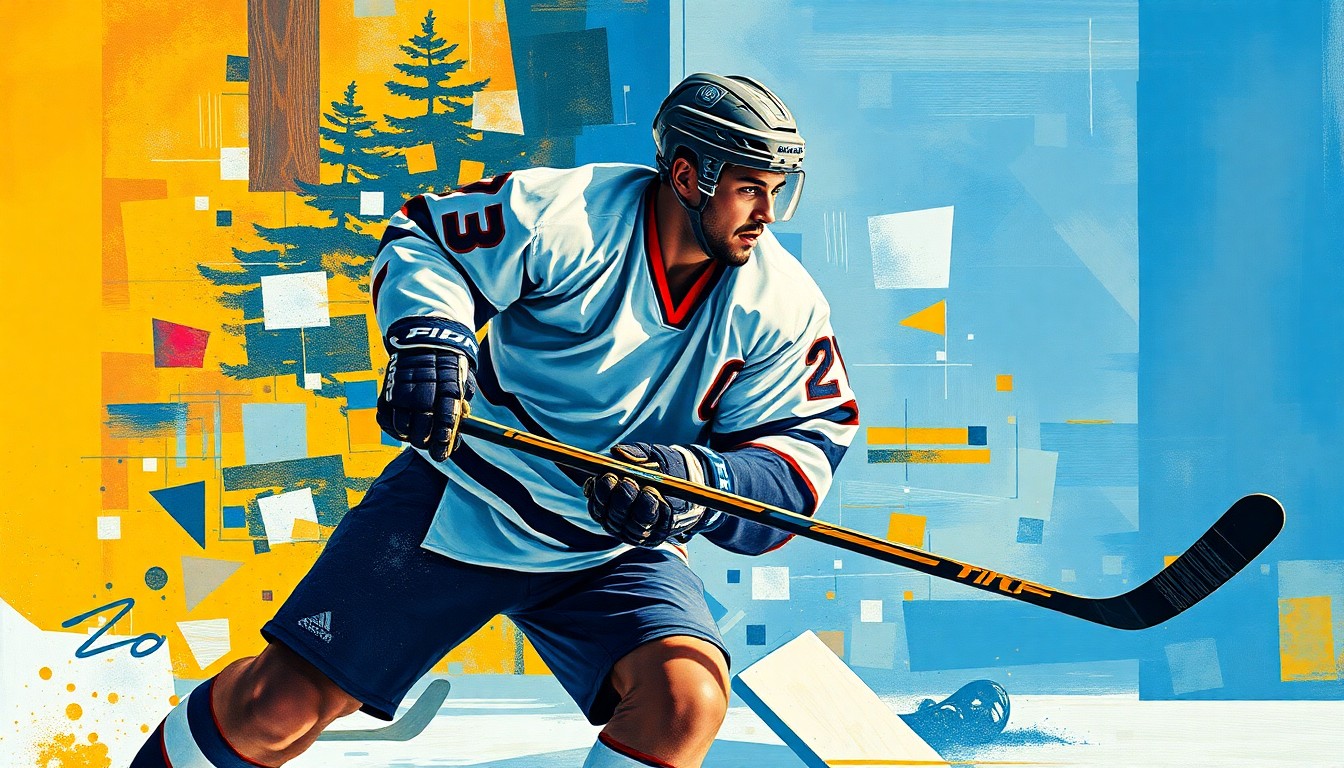 A fragmented, geometric painting depicting a hockey player in motion, with sharp, overlapping planes of color and form that capture the raw athleticism of the sport.
