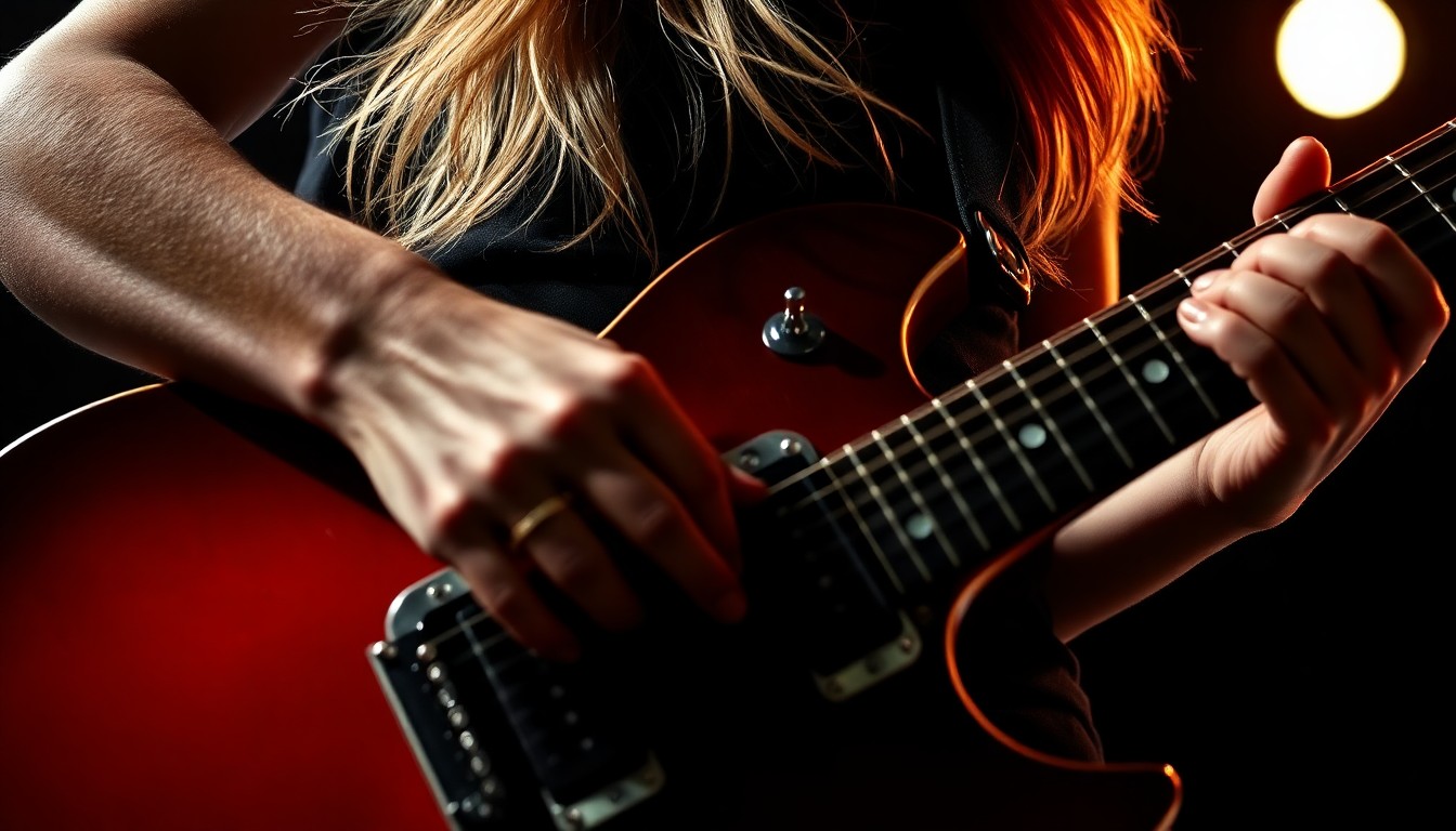 An extreme close-up photograph of an electric guitar's textured surface, with dramatic shadows and highlights creating a high-contrast, high-fashion aesthetic that evokes the energy and emotion of Melissa Etheridge's music.