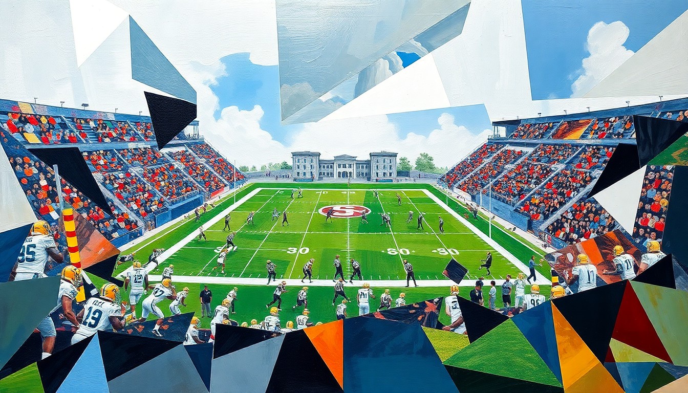 A fractured, multi-perspective painting in a cubist style, breaking down a college football game into sharp, overlapping geometric planes and abstract shapes, capturing a sense of energy and motion.