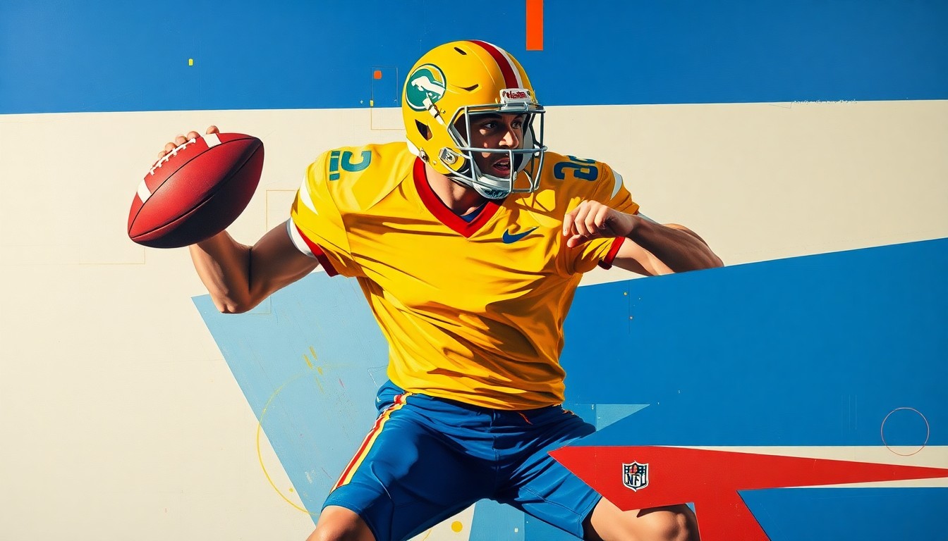 A cubist-style painting depicting a football player in mid-motion, with their body broken down into sharp, overlapping geometric shapes in shades of maize, blue, scarlet, and gray, capturing the dynamic energy of the sport.