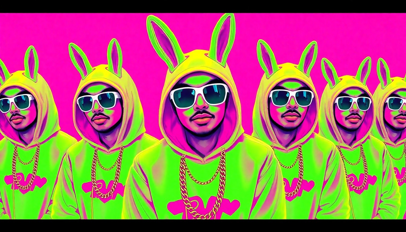 A vibrant, high-contrast silkscreen print featuring repeated iconic images of Bad Bunny's signature fashion items, including hoodies, sunglasses, and gold chains, in a bold neon green and pink color palette. The repetitive, pop art-inspired design captures the artist's unapologetic style and its ability to shape cultural conversations.