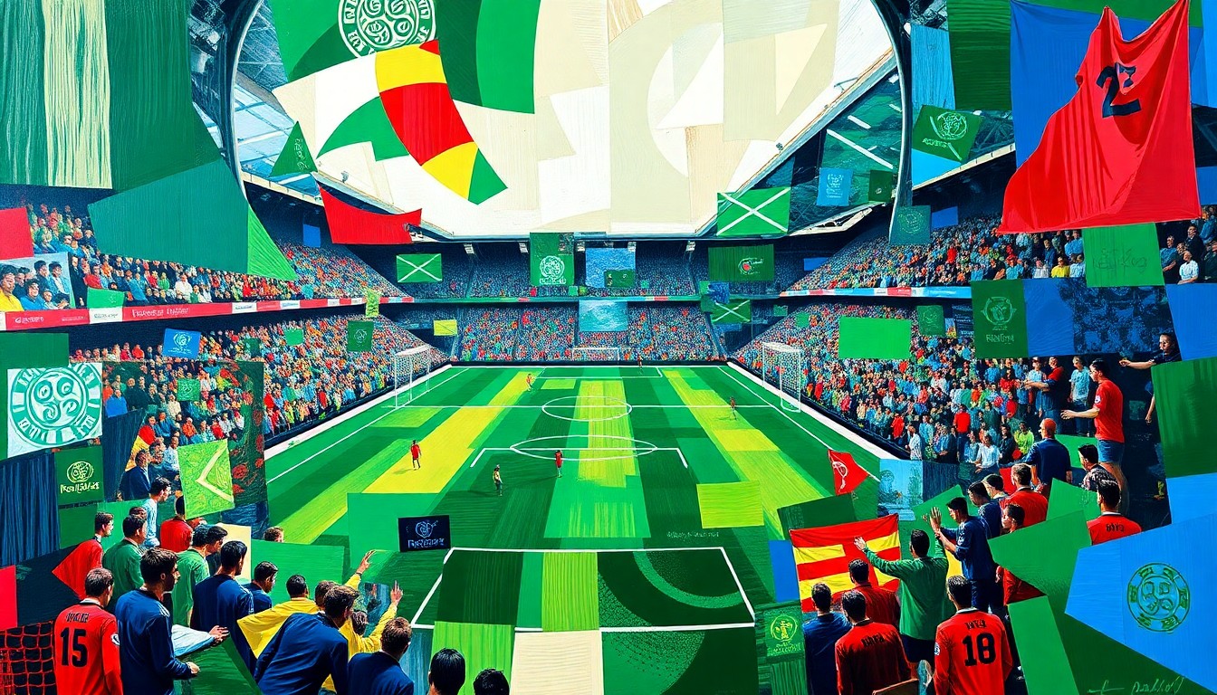 A cubist, geometric painting depicting a high-intensity soccer match between two teams, with the players and field broken down into sharp, overlapping planes of vibrant green, blue, and red colors, capturing the raw energy and passion of the Old Firm derby.