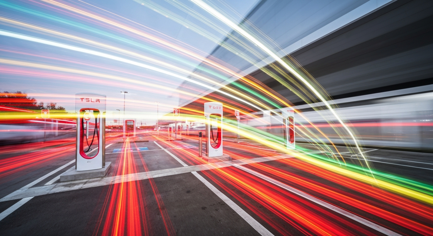 An abstract, colorful image created with a slow shutter speed and panning motion, depicting a Tesla Supercharger station as sweeping, blurred lines of vibrant hues, conveying the dynamic energy and modern technology of electric vehicle charging.
