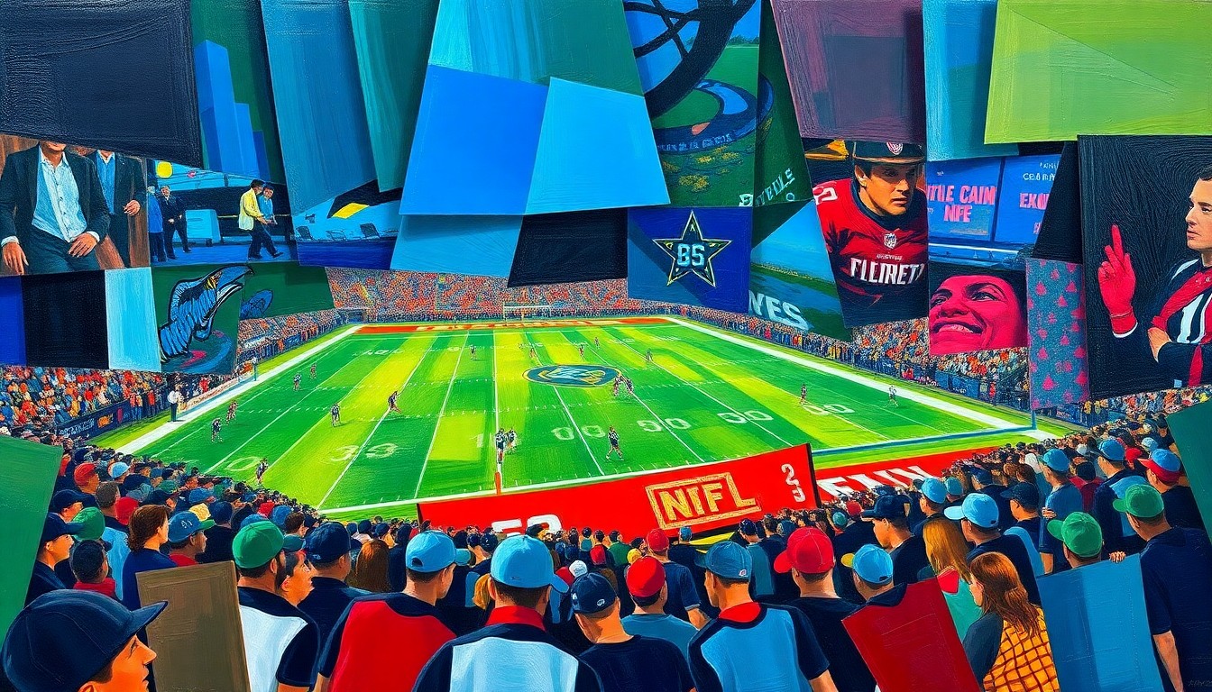 A fractured, cubist-style painting depicting various football players and draft prospects in overlapping geometric shapes and planes, using a palette of deep blues, greens, and reds to conceptually represent the complexity and strategic considerations of the Eagles' 2026 draft.
