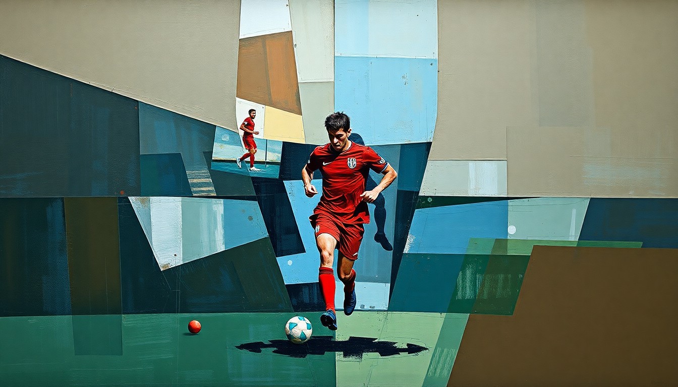 A fractured, cubist-style painting depicting a soccer player in motion, with sharp geometric shapes and planes in muted earth tones and blues, conveying the fragility and resilience of a star athlete's return to the field after a health scare.