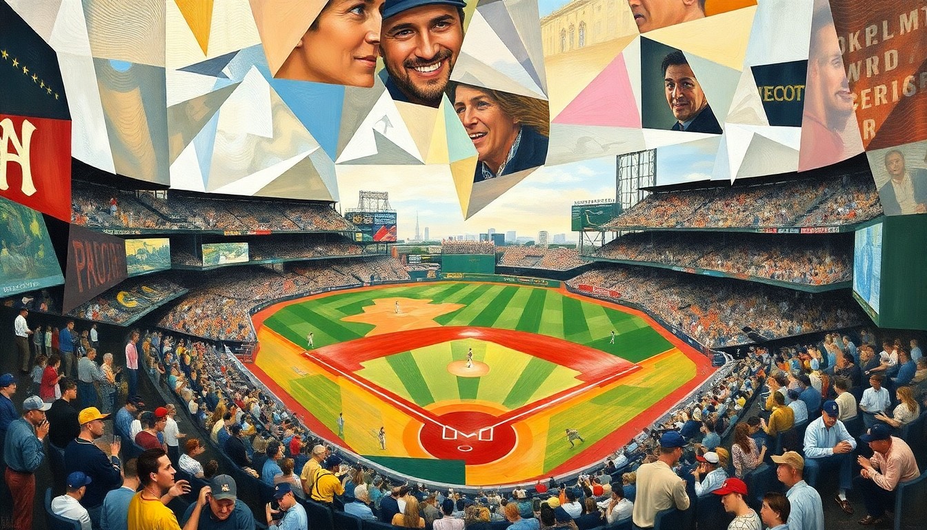 A cubist-style painting depicting a baseball game broken down into sharp, overlapping geometric shapes and planes, capturing the strategic complexity and unconventional nature of the Rays' comeback win.