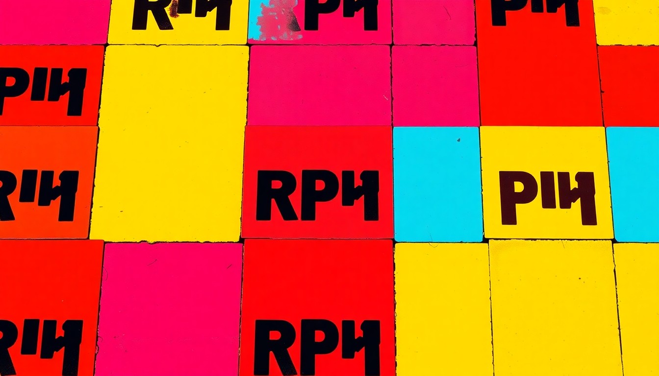 A brightly colored, high-contrast silkscreen print of a raised pavement marking (RPM) icon repeated in a tight grid pattern, conceptually representing the debate over the use of RPMs on multi-modal paths in The Villages.