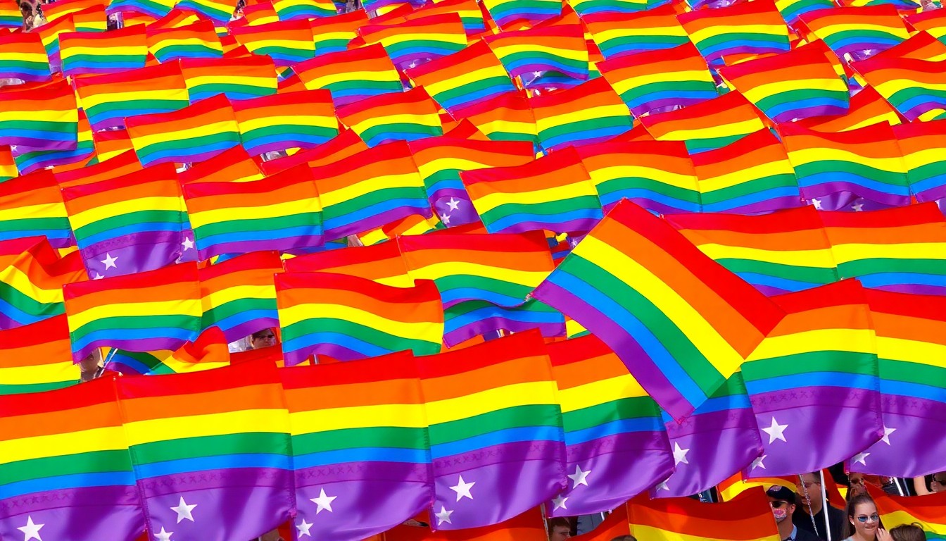 A bold, graphic illustration featuring a repeating pattern of a rainbow flag in a high-contrast, silkscreen pop art style, capturing the celebratory energy of the Miami Beach Pride parade.