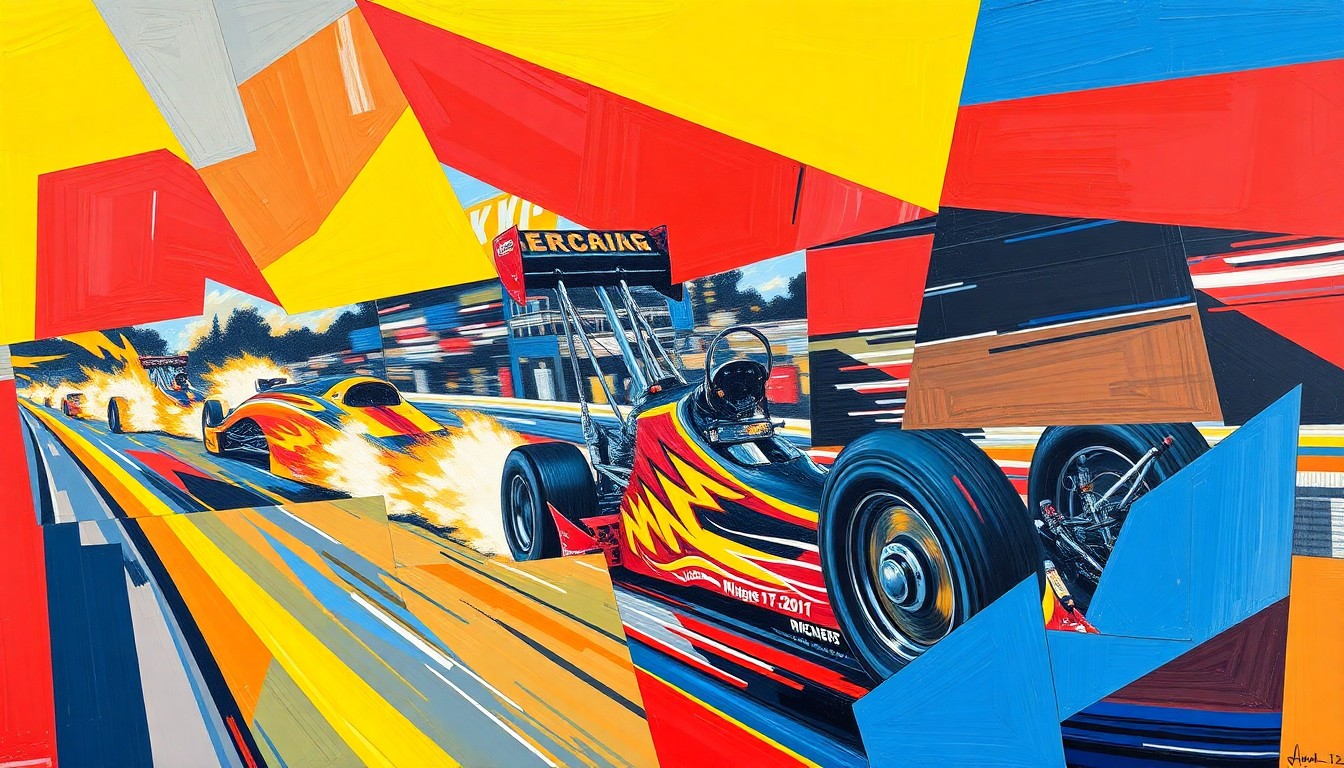 A cubist, geometric painting depicting the fractured, multi-perspective action of a top fuel dragster race, with sharp planes of vibrant red, yellow, and blue colors capturing the speed and intensity of the event.