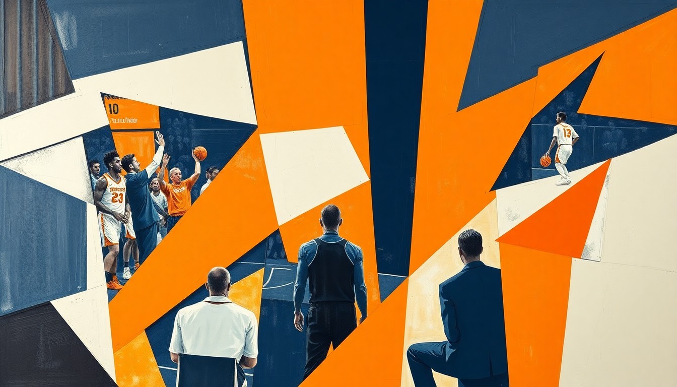 A cubist-style painting featuring fragmented, geometric shapes in Tennessee's colors, representing the dynamic energy and strategic complexity of college basketball coaching.