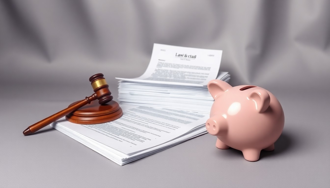 A minimalist studio still life featuring a stack of financial documents, a gavel, and a cracked piggy bank, symbolizing the legal and financial implications of the securities fraud lawsuit against Franklin BSP Realty Trust.