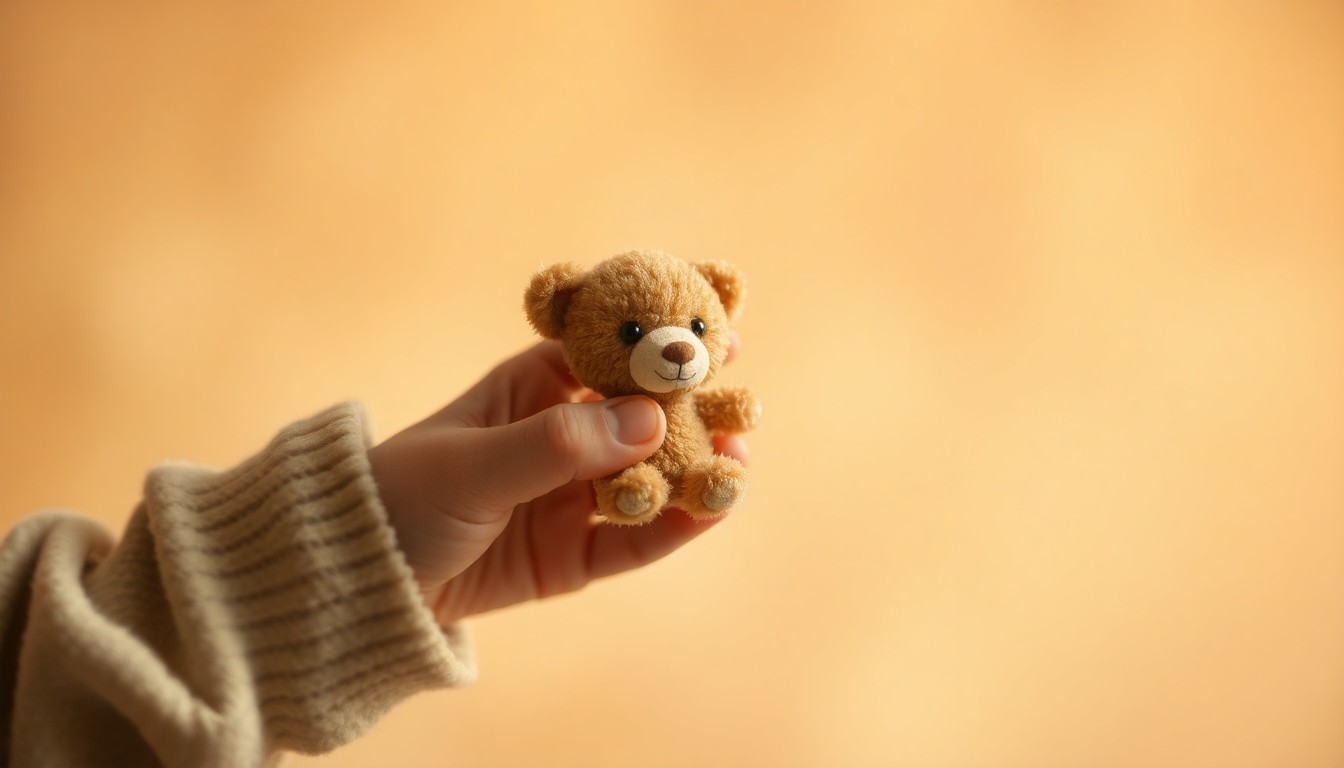 A softly focused, abstract image of a child's hand holding a small stuffed animal, with the background blurred into warm, muted tones, conveying a sense of comfort and care.