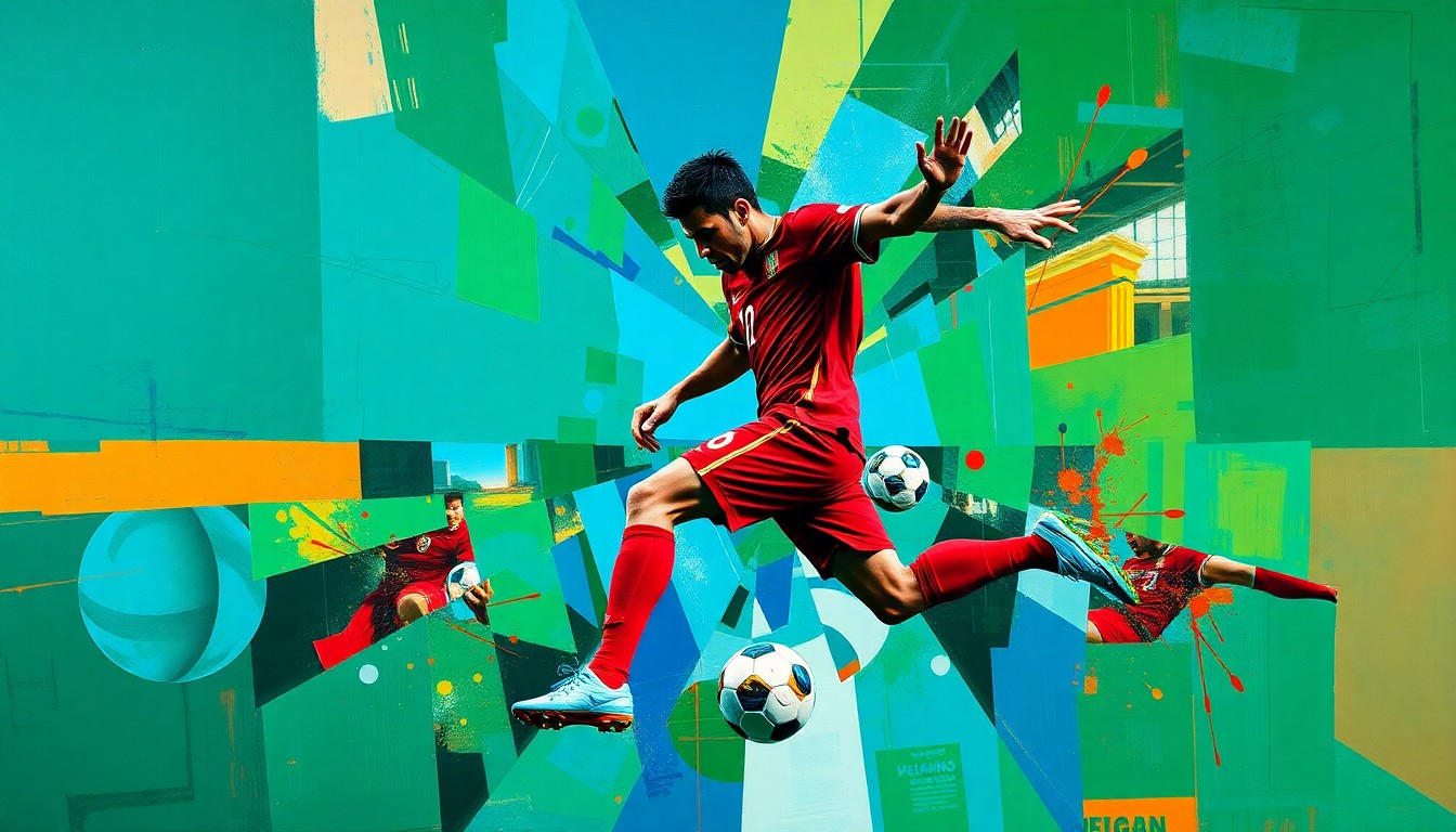 A fractured, cubist-style painting depicting Neymar's soccer skills and movements through sharp, overlapping geometric shapes and planes in vibrant colors, conceptually representing the player's dual focus on his MLS future and World Cup aspirations.