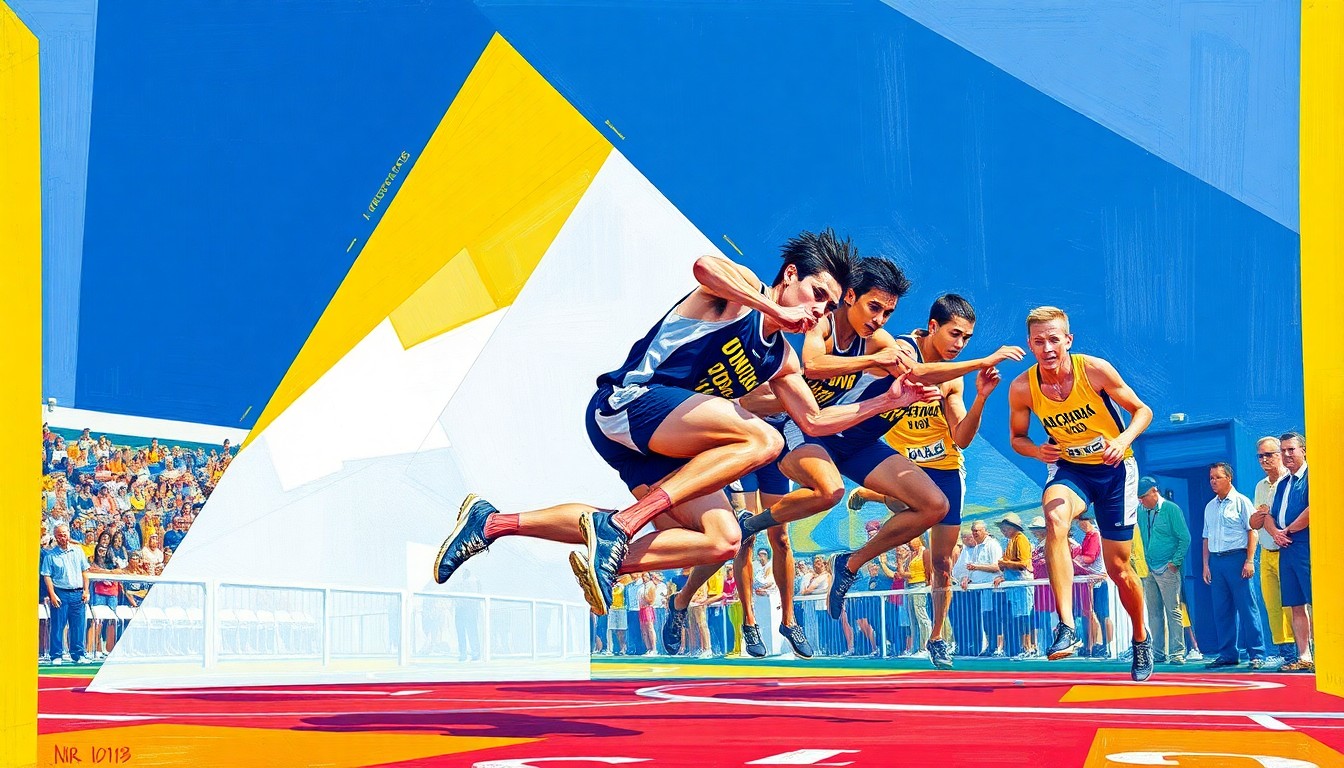A fractured, multi-perspective painting in vibrant colors of navy blue, gold, and white, breaking down the long jump event into sharp, overlapping geometric planes to conceptually represent the explosive energy and dynamic movement of the competition.