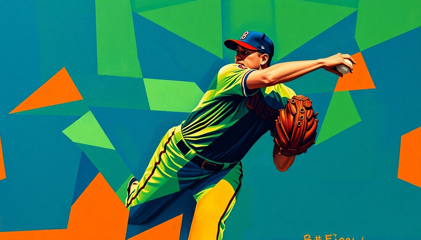 A cubist, geometric painting depicting a baseball pitcher's delivery motion broken down into overlapping planes of navy blue, forest green, and burnt orange.