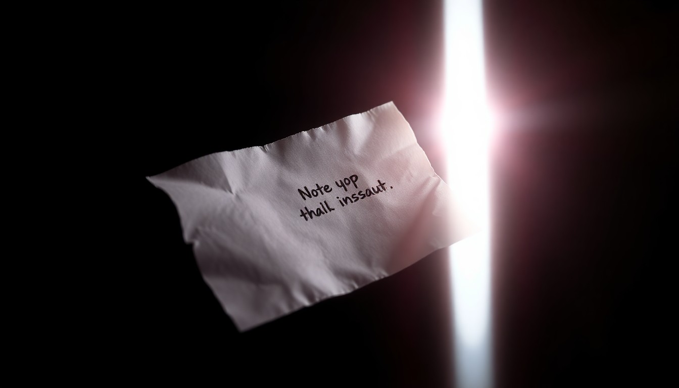 An extreme close-up of a crumpled piece of paper with a faint handwritten note, conceptually representing the investigation into the stalking and assault allegations.