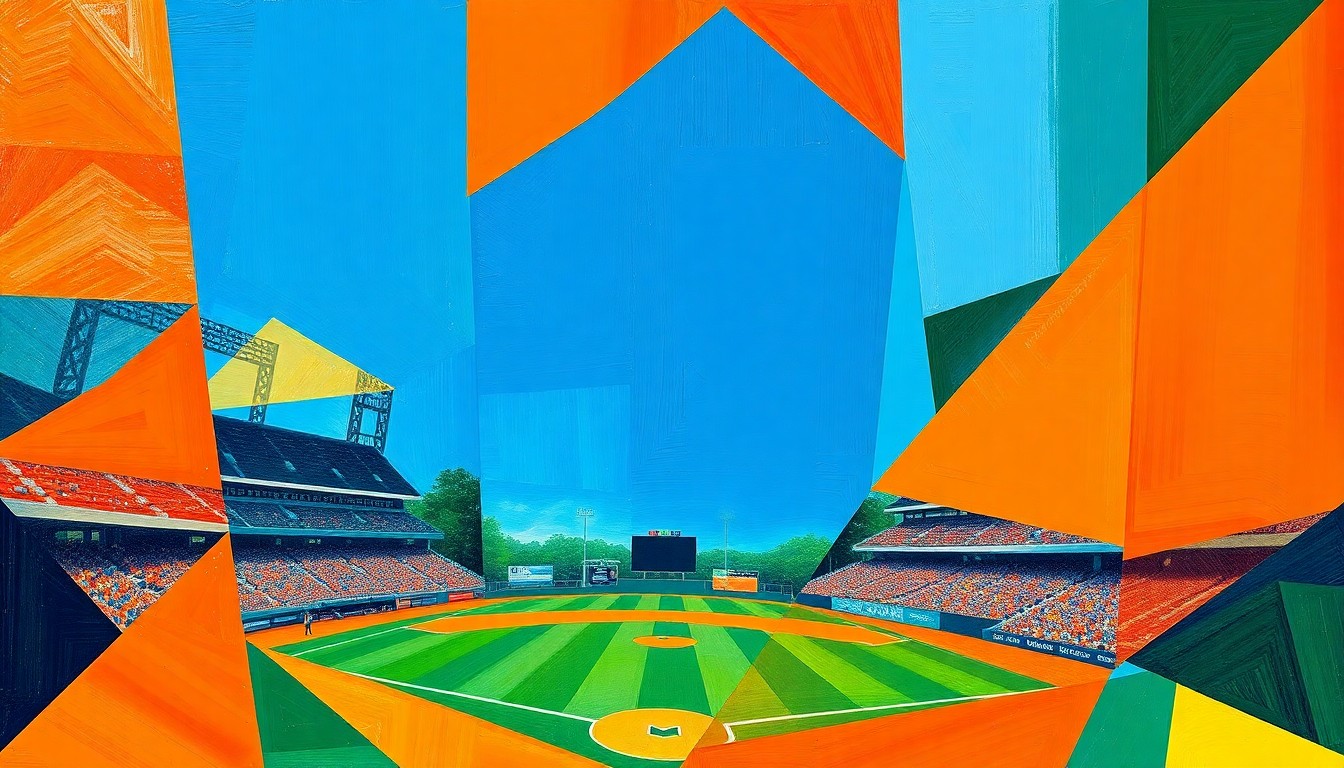 A cubist-style painting depicting a college baseball game, with the field and players broken down into sharp, overlapping geometric shapes in bright, bold colors, conveying the energy and intensity of the sport.