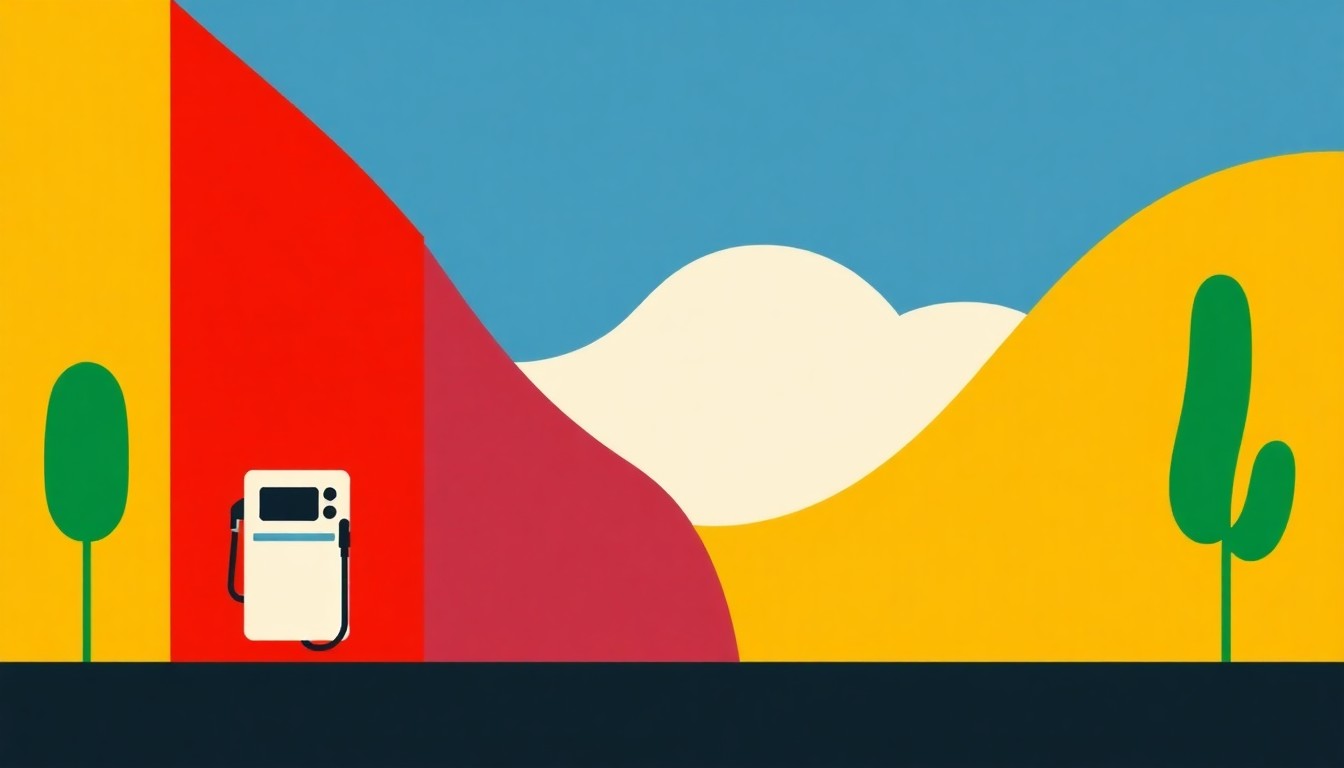A minimalist, abstract illustration using bold geometric shapes and primary colors to represent the volatility of gas prices in San Luis Obispo County, conceptually capturing the fluid nature of the global oil market.