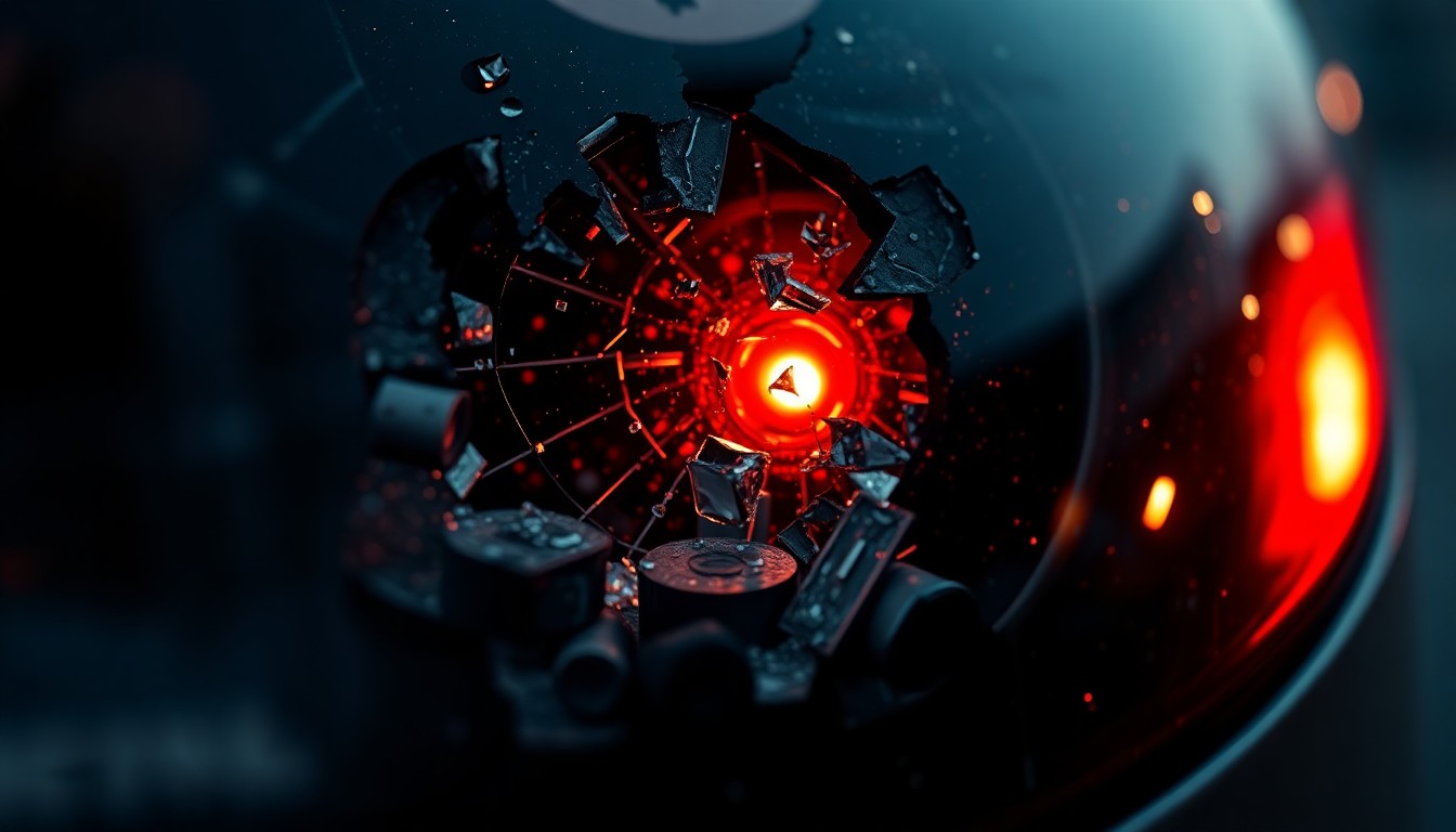 An extreme close-up photograph of a shattered car sensor lens reflecting a faint red light, conceptually representing the aftermath of a fatal collision that has left lasting impacts on all those affected.