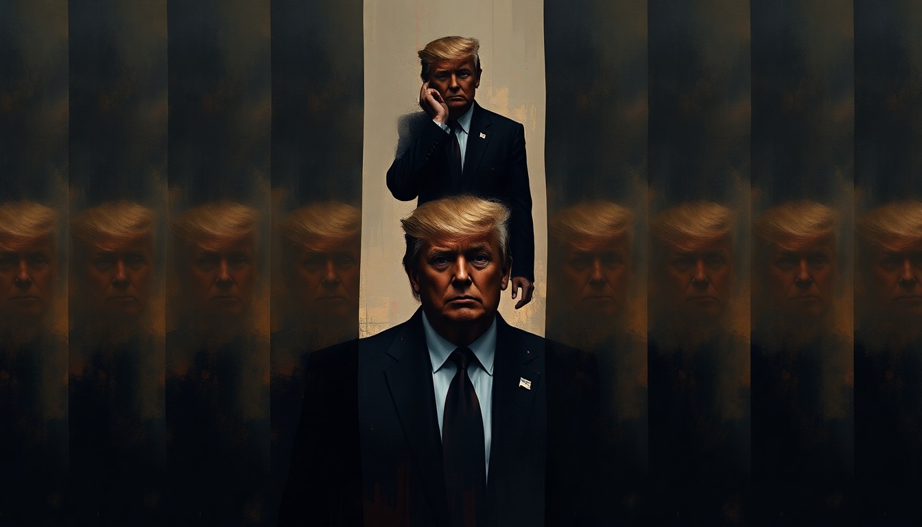 A fractured, abstract painting in shades of black, red, and gold, depicting a shadowy figure representing Donald Trump repeated in overlapping, geometric patterns, conveying a sense of unease and instability.