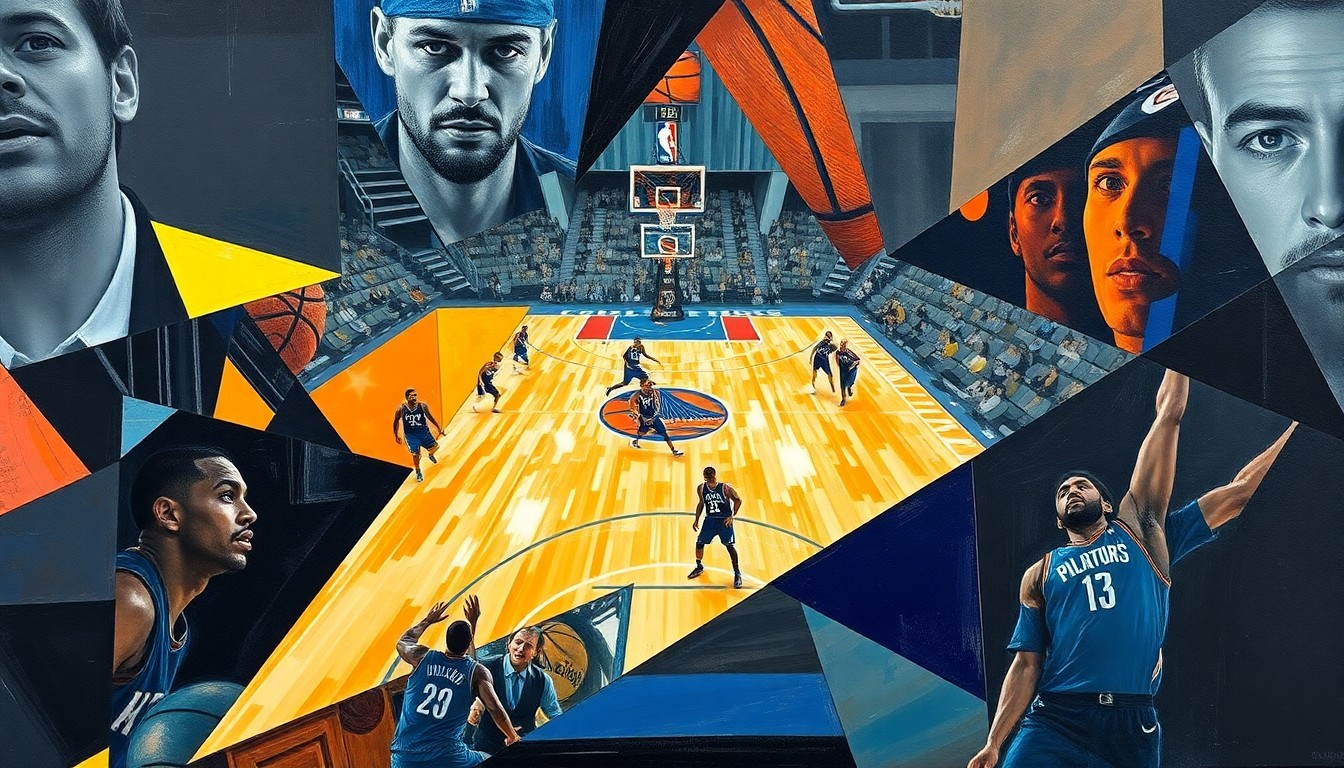 A cubist, geometric painting depicting fragmented, overlapping shapes and planes that represent the intensity and competition of an NBA playoff game.