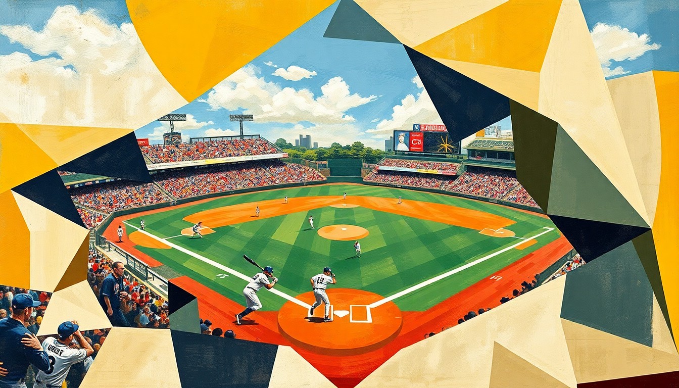 A fractured, cubist-style painting depicting the dynamic motion and energy of a baseball game, with players and the field reduced to abstract geometric shapes and planes in vibrant colors.