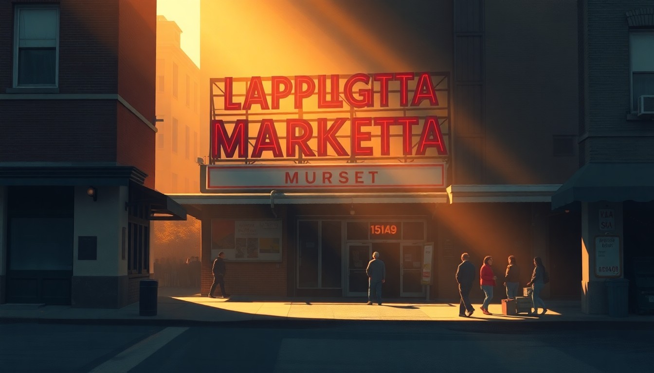 A photorealistic painting of the exterior of a two-story brick building with arched windows and a covered walkway, the facade bathed in warm, golden light and deep shadows, conceptually representing the historic architecture and community spirit of a public market space.