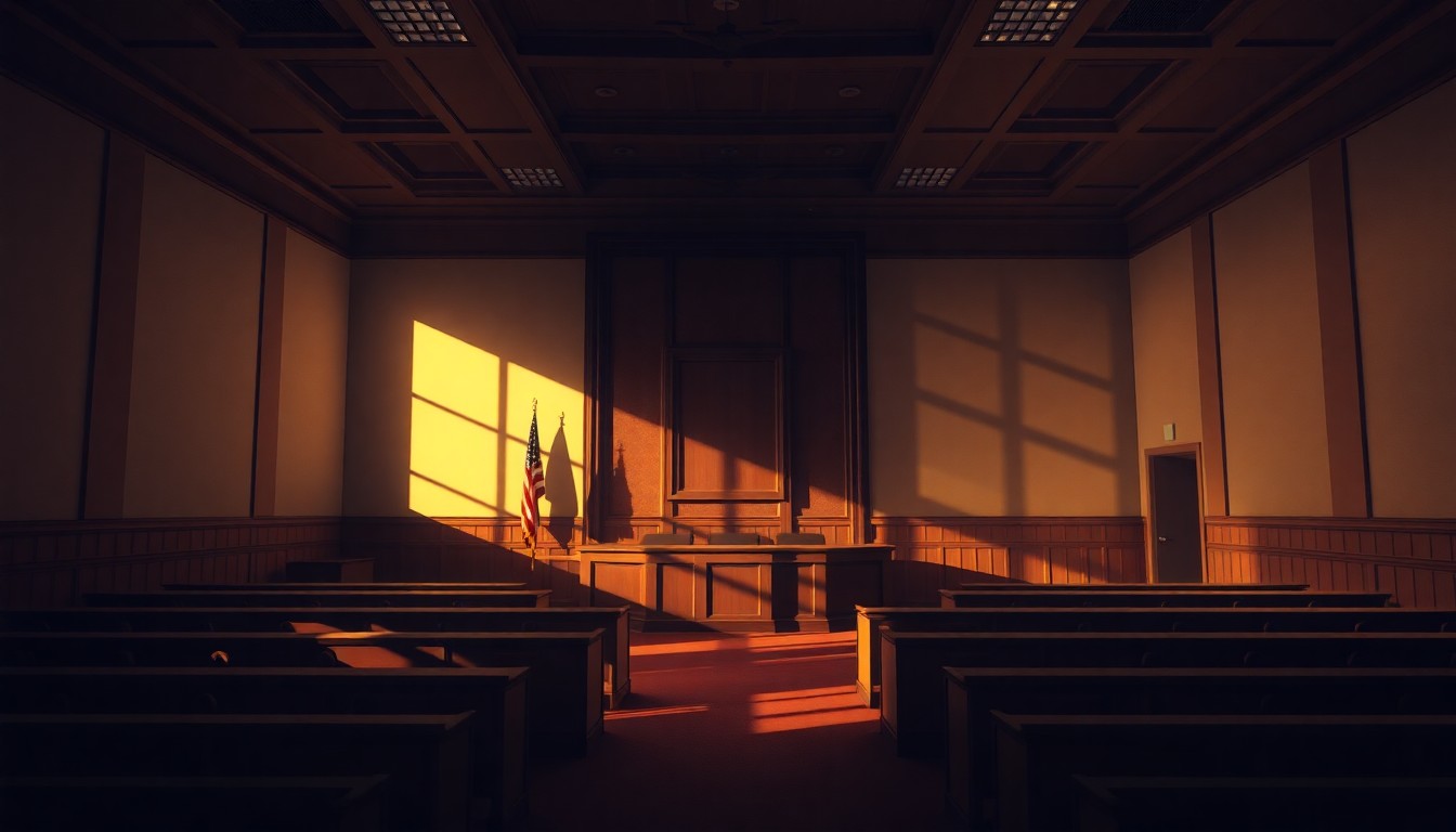 A dimly lit, cinematic interior of an empty immigration courtroom, with warm sunlight streaming in through the windows and deep shadows covering much of the space, conveying a sense of melancholy and the erosion of judicial independence.