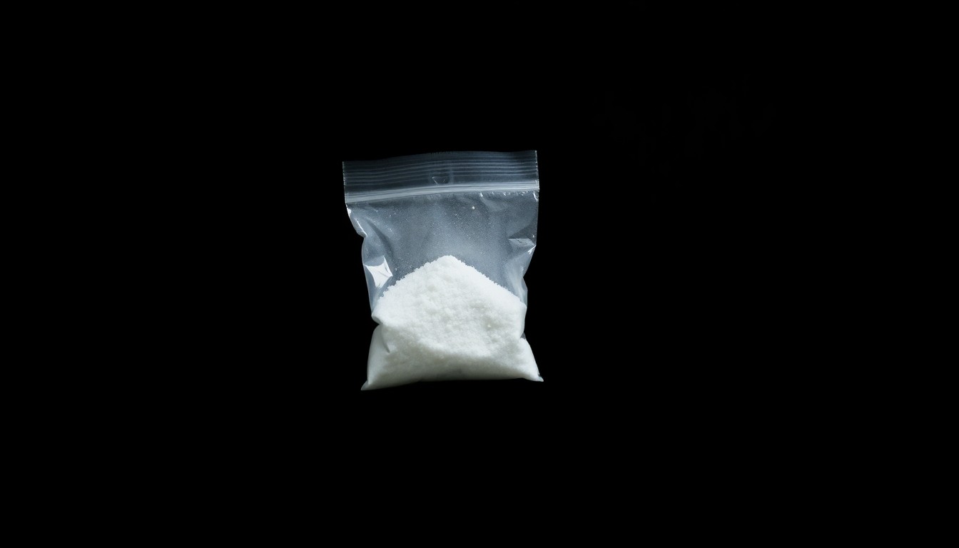 An extreme close-up photograph of a small plastic bag containing a white crystalline powder, lit by a harsh, direct camera flash against a pitch-black background, conceptually illustrating the dangerous drugs seized during a traffic stop.