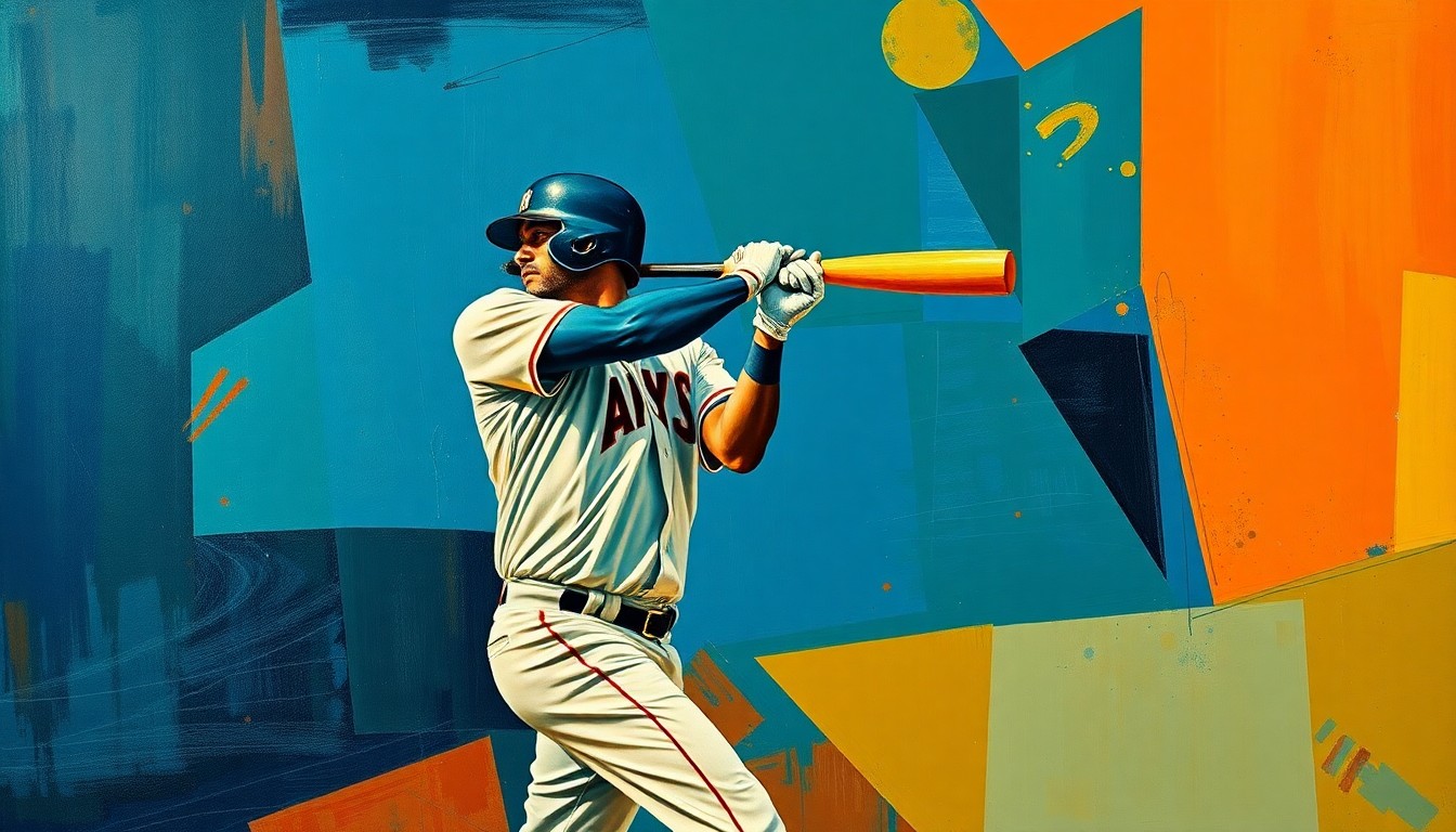 A fractured, geometric painting depicting the overlapping planes and angles of a baseball player's batting stance and swing, rendered in a vibrant color palette that evokes the energy and dynamism of the sport.