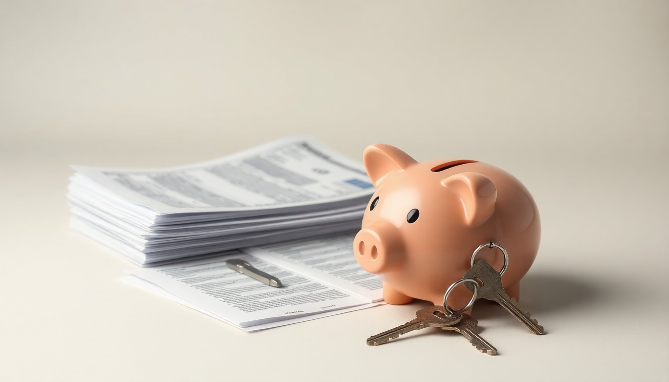 A photorealistic studio still-life image featuring a stack of financial documents, a broken piggy bank, and a set of keys on a clean, monochromatic background, conceptually representing the Escondido Chamber of Commerce's financial struggles and the need to find a new path forward.