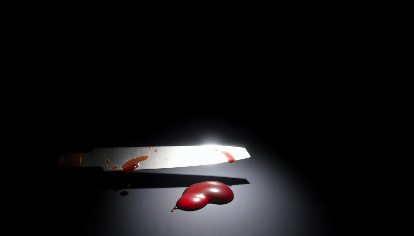 An extreme close-up photograph of a bloody knife against a pitch-black background, capturing the gritty, investigative nature of the crime scene.