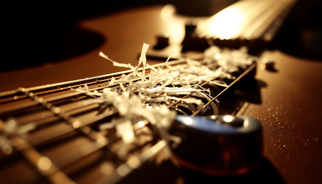 An extreme close-up photograph of a shredded electric guitar string, its metallic surface glittering under dramatic studio lighting, conveying the raw power and passion of air guitar performance.